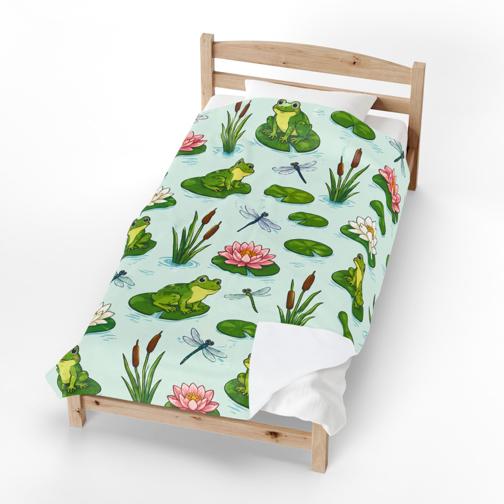 Frog Pond Velveteen Plush Blanket — Cute Lily Pad & Dragonfly Throw