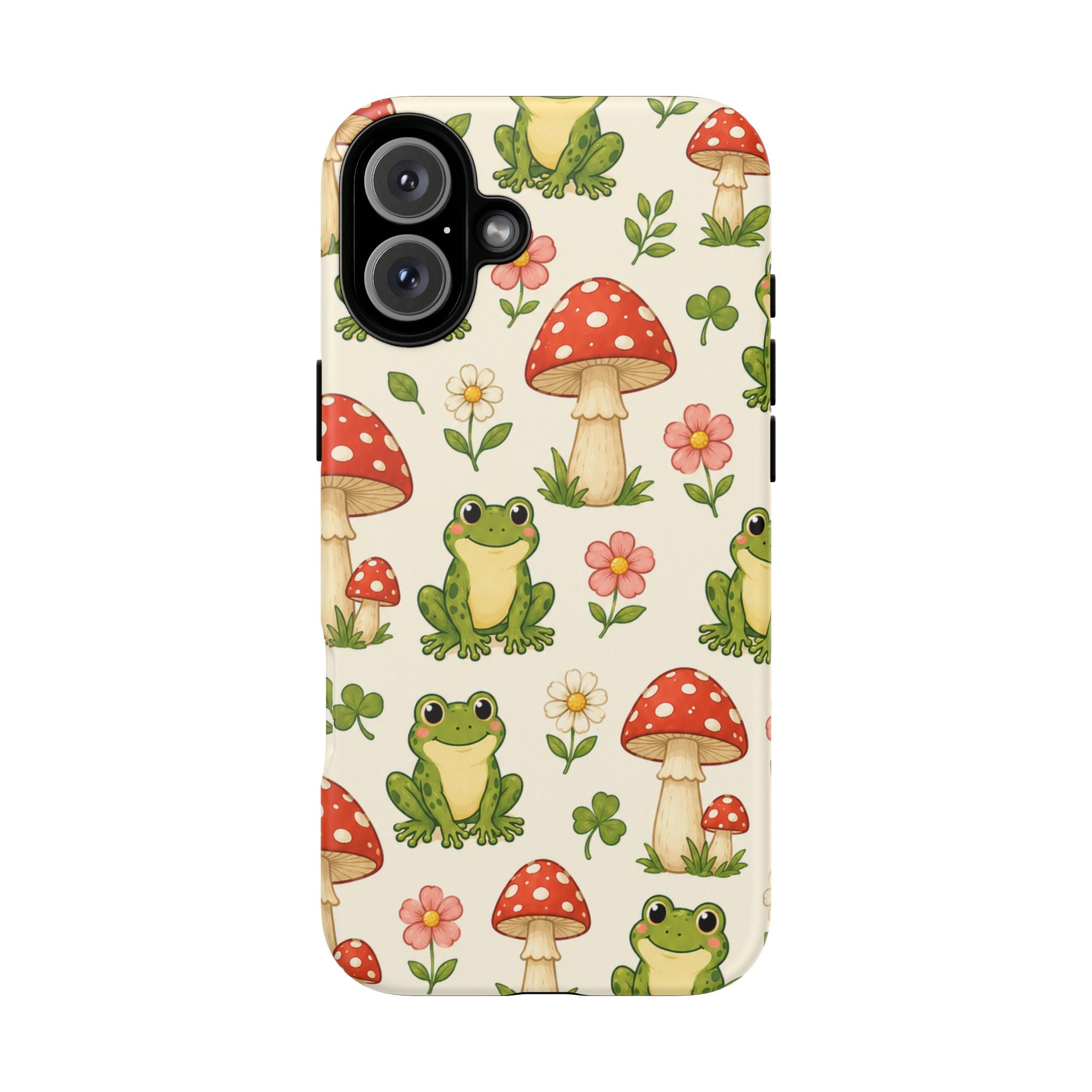 Kawaii Frog & Red Capped Mushroom Phone Case – Cute Nature Pattern Protective Cover