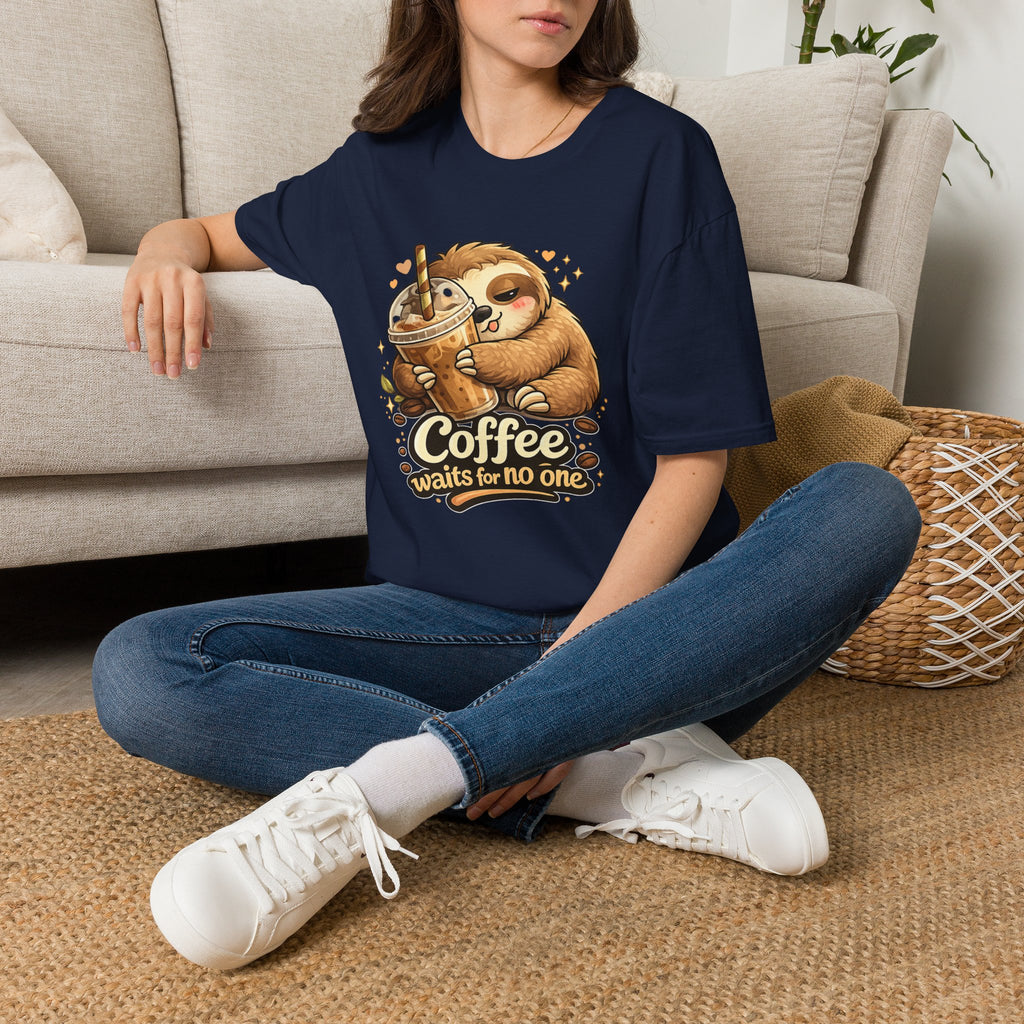 Cute Sloth Hugging Iced Coffee "Coffee Waits For No One" — T‑Shirt Gift