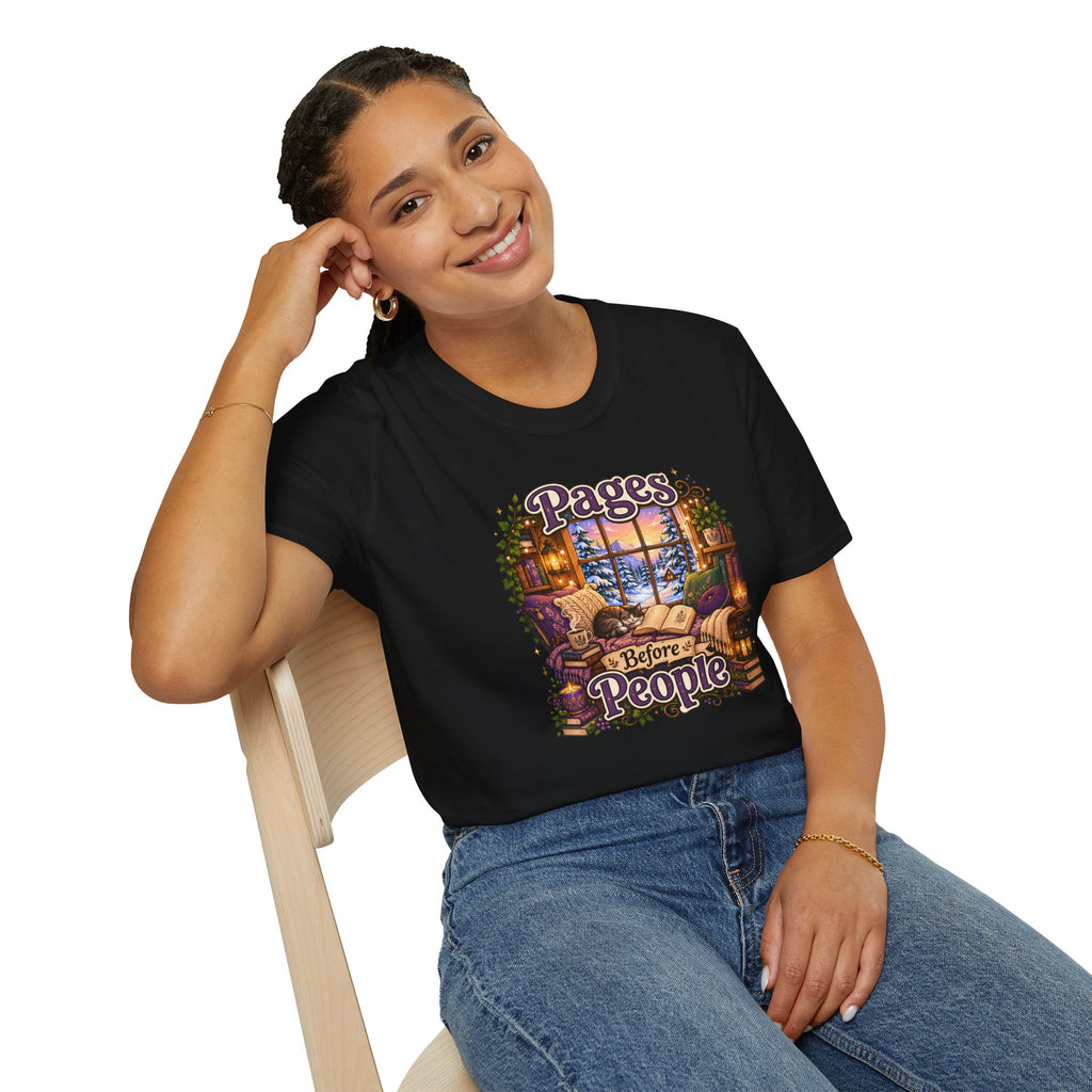 Booklover T-Shirt — "Pages Before People" Cozy Reading Room Design