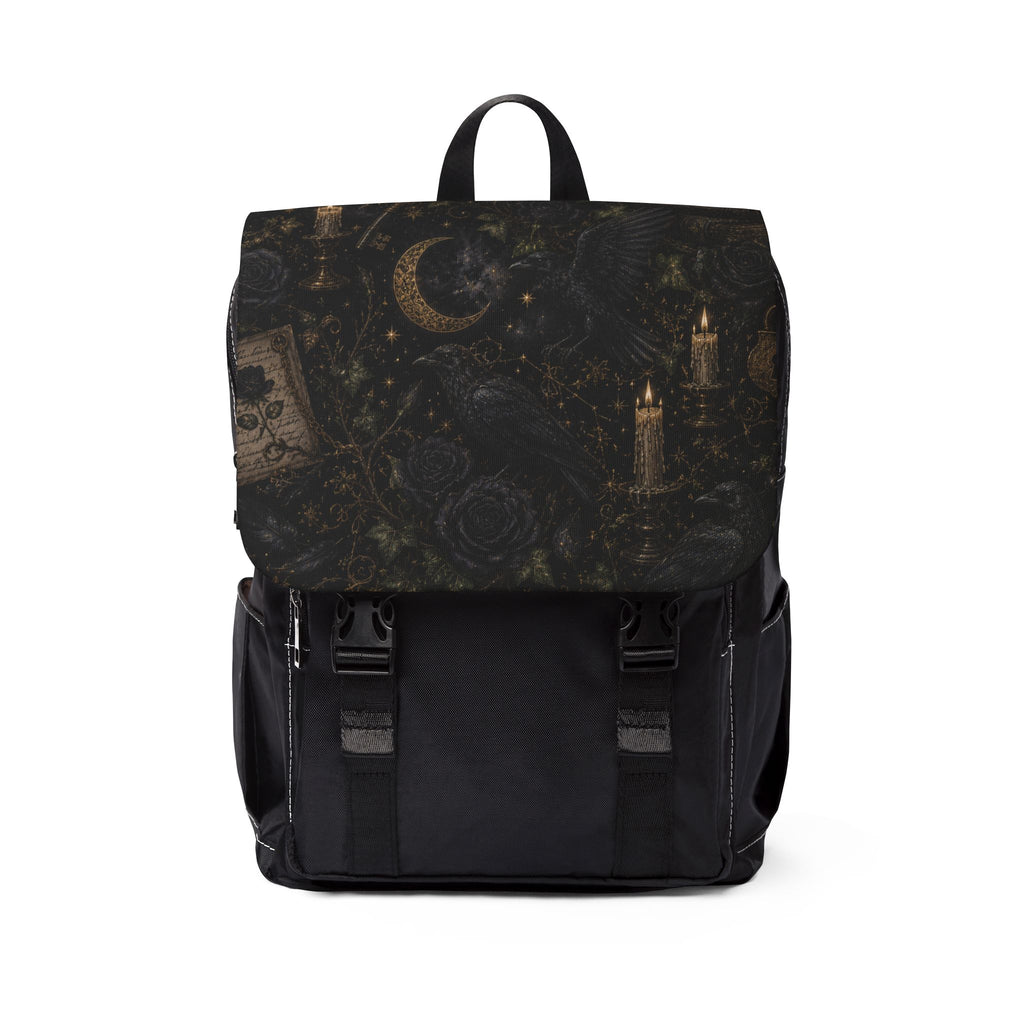 Celestial Gothic Canvas Shoulder Backpack — Moon, Candles & Raven Flap Pack
