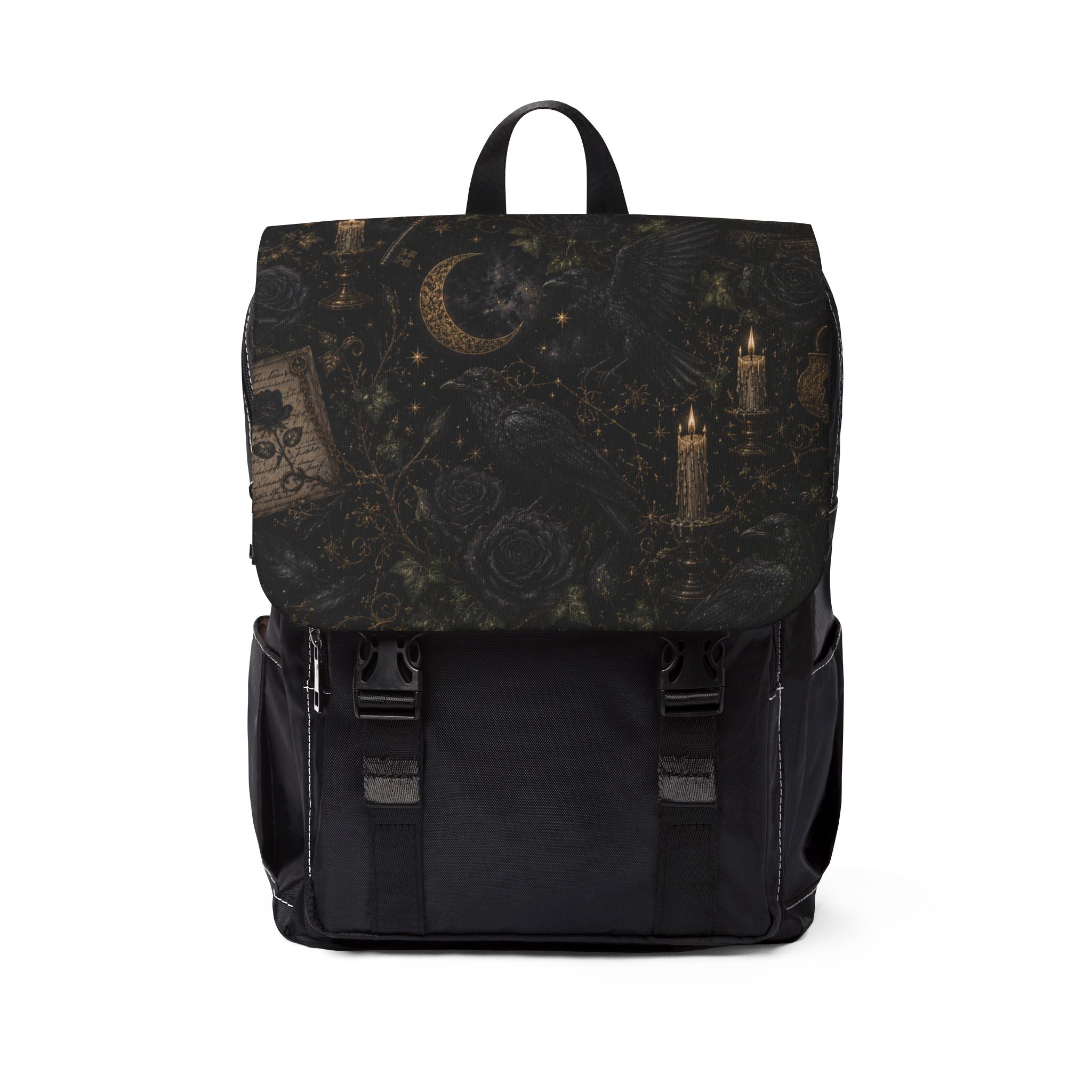 Celestial Gothic Canvas Shoulder Backpack — Moon, Candles & Raven Flap Pack