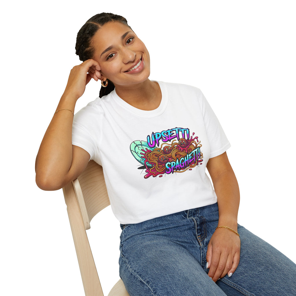Upsetti Spaghetti T-Shirt — Funny Cartoon Spilled Pasta Graphic Tee