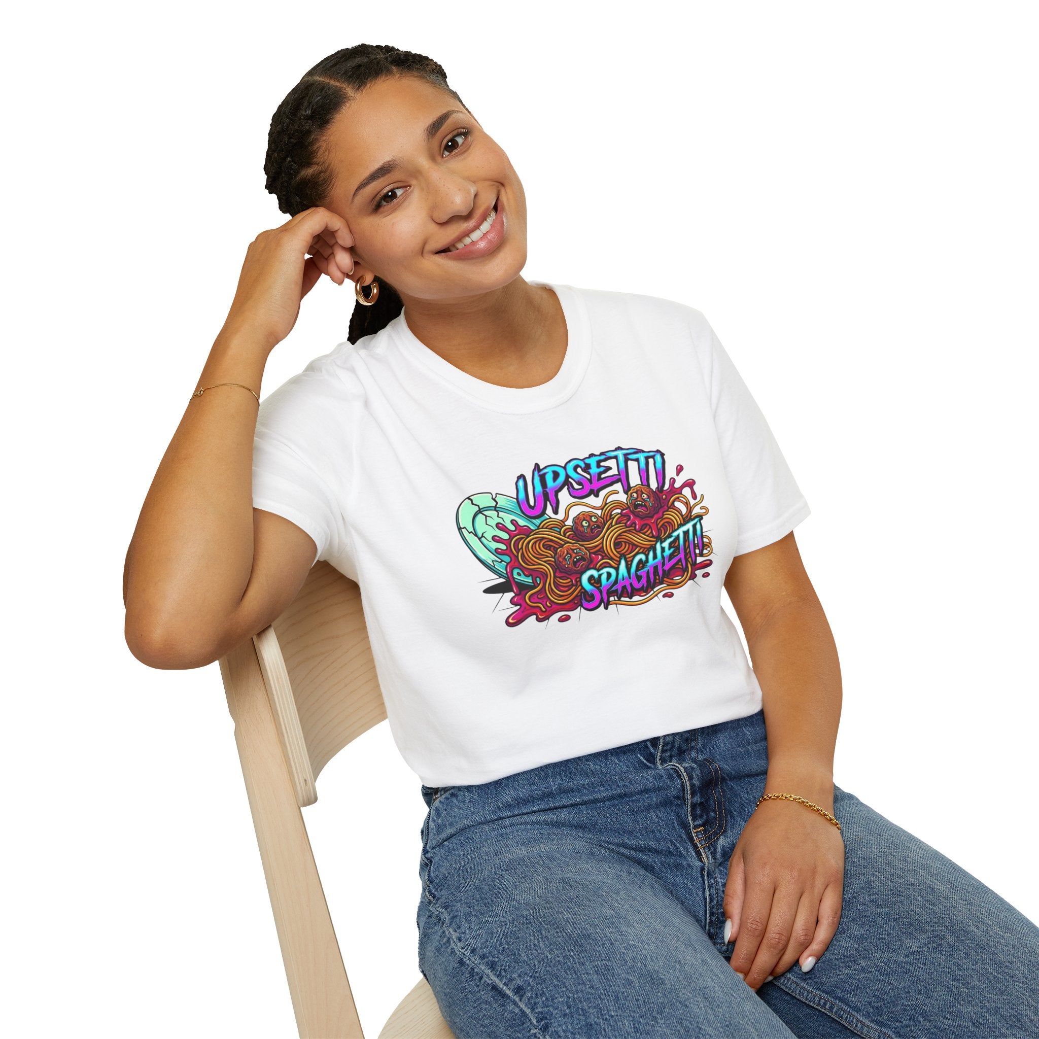 Upsetti Spaghetti T-Shirt — Funny Cartoon Spilled Pasta Graphic Tee