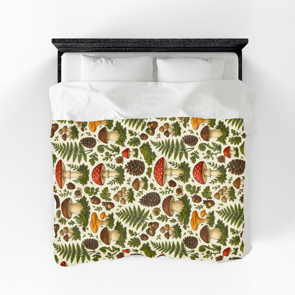 Mushroom Forest Velveteen Plush Blanket – Cozy Woodland Throw with Ferns & Pines