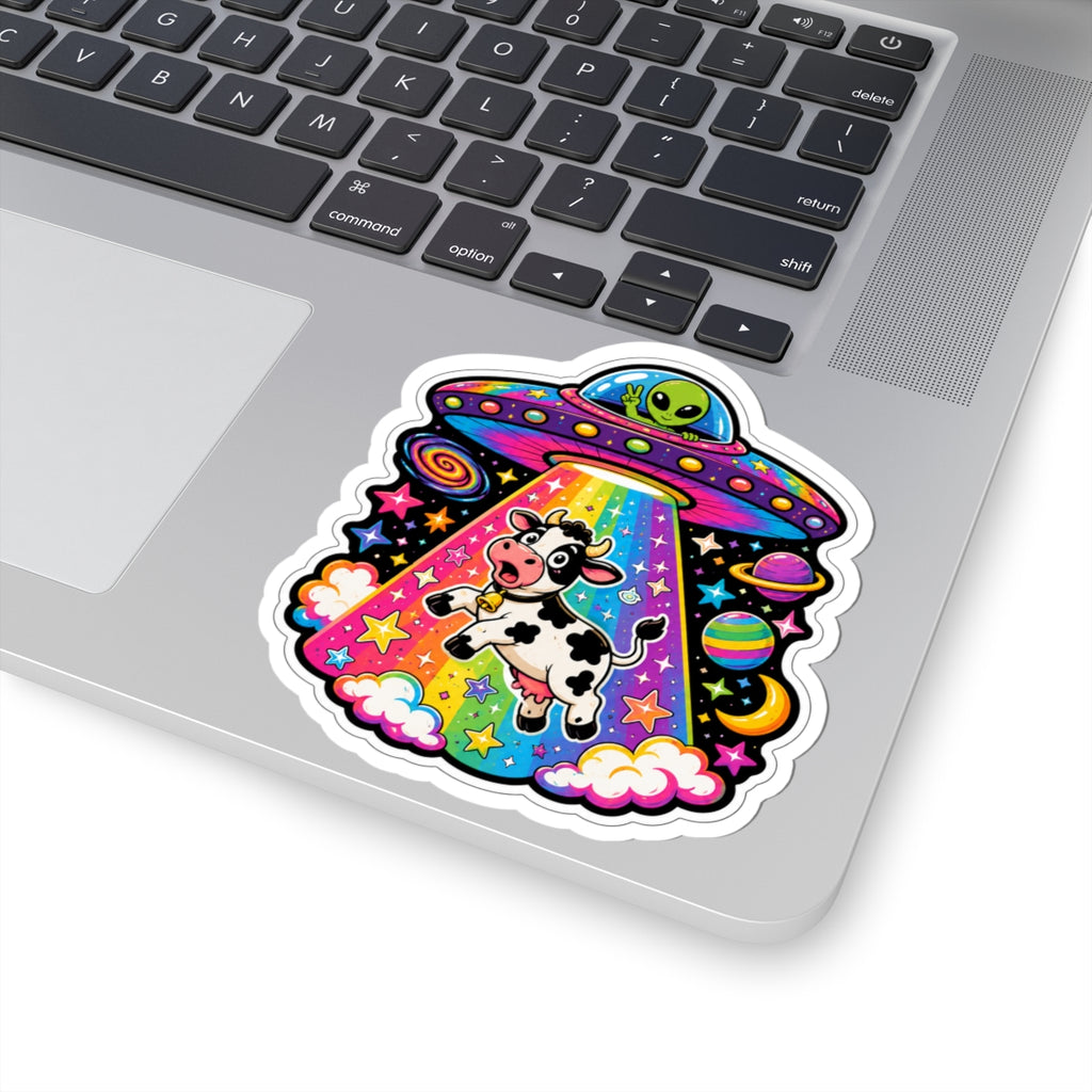Alien UFO Cow Kiss-Cut Sticker — Colorful Rainbow Space Abduction Vinyl Decal