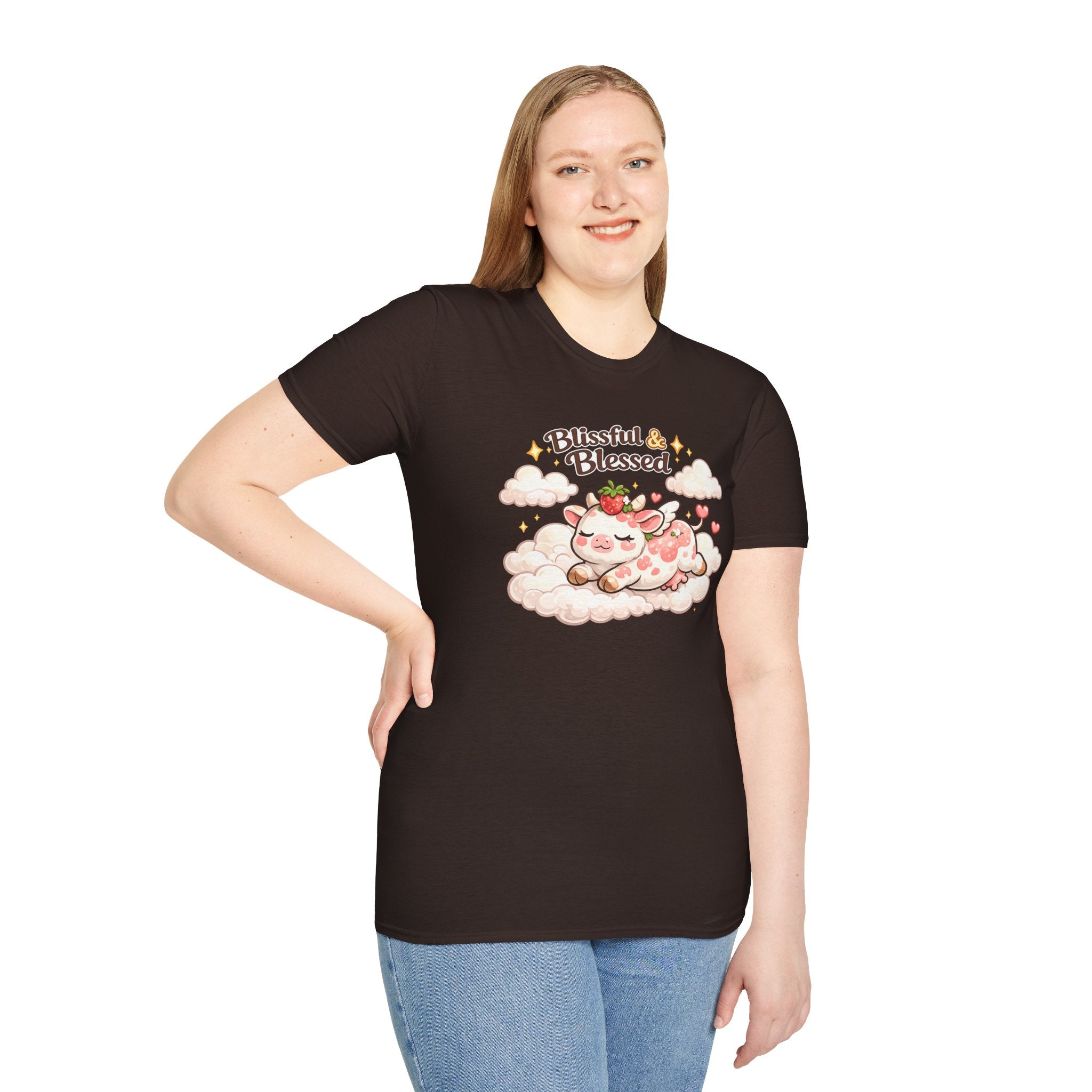 Blissful & Blessed Cute Strawberry Cow T-Shirt — Cozy Gift Tee
