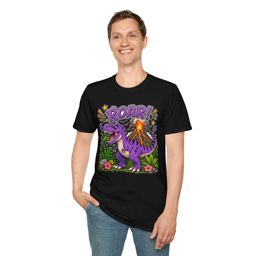 T-Shirt — 'ROAR!' Purple Dinosaur Volcano Graphic Tee