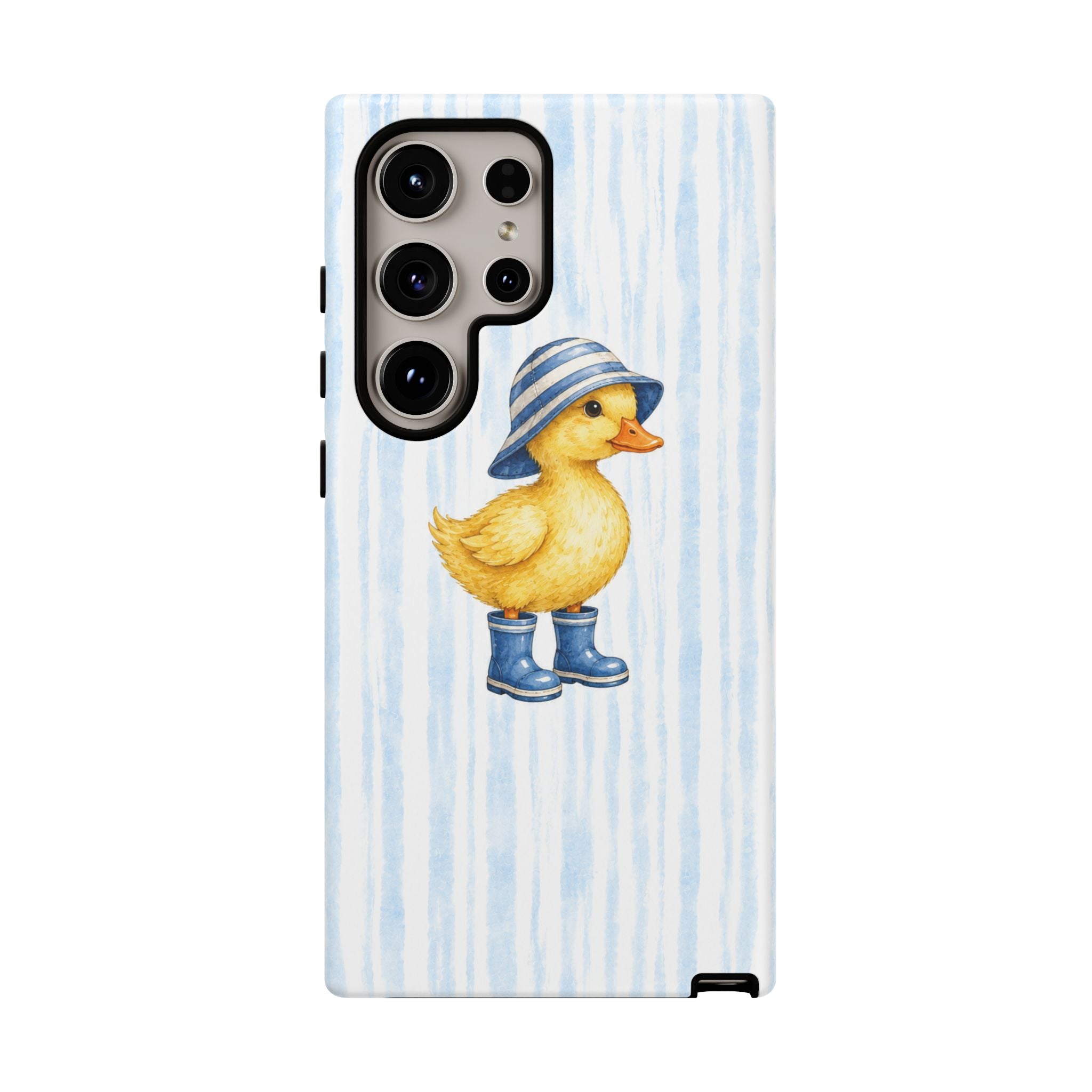 Cute Duckling Phone Case – Baby Blue Stripes with Duck in Hat & Boots