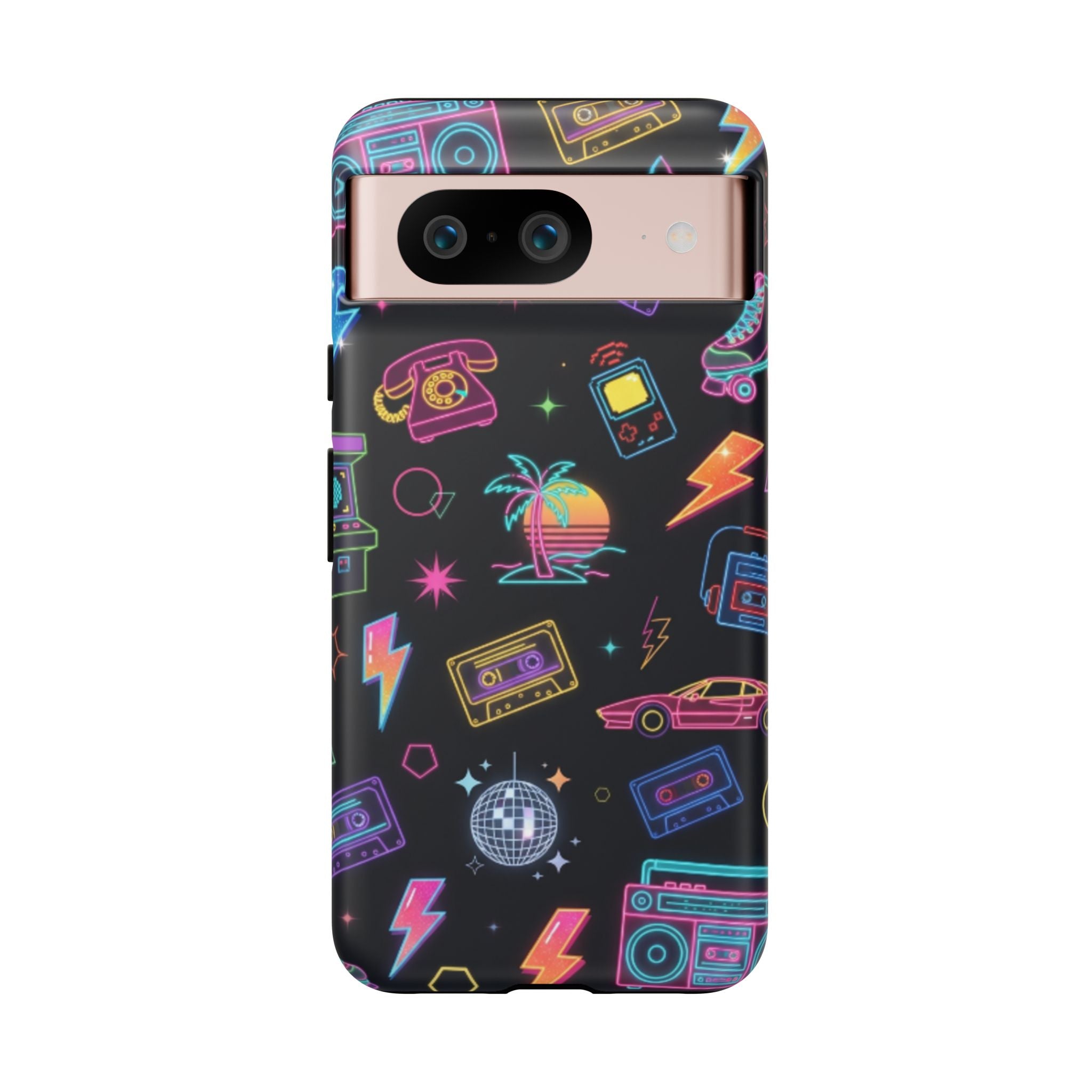 Retro Neon 80s Phone Case — Cassette, Roller Skate & Palm Tree Pattern