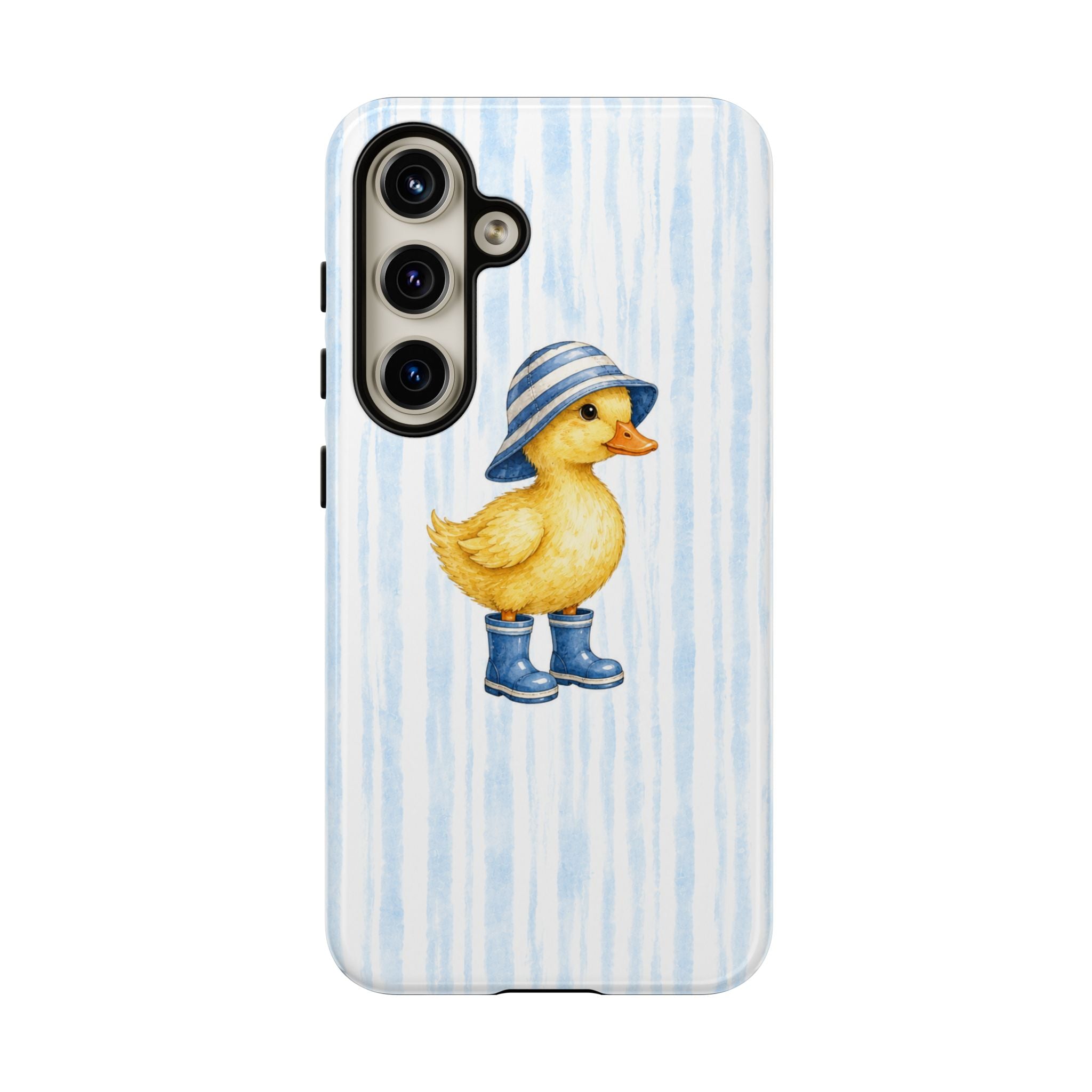 Cute Duckling Phone Case – Baby Blue Stripes with Duck in Hat & Boots