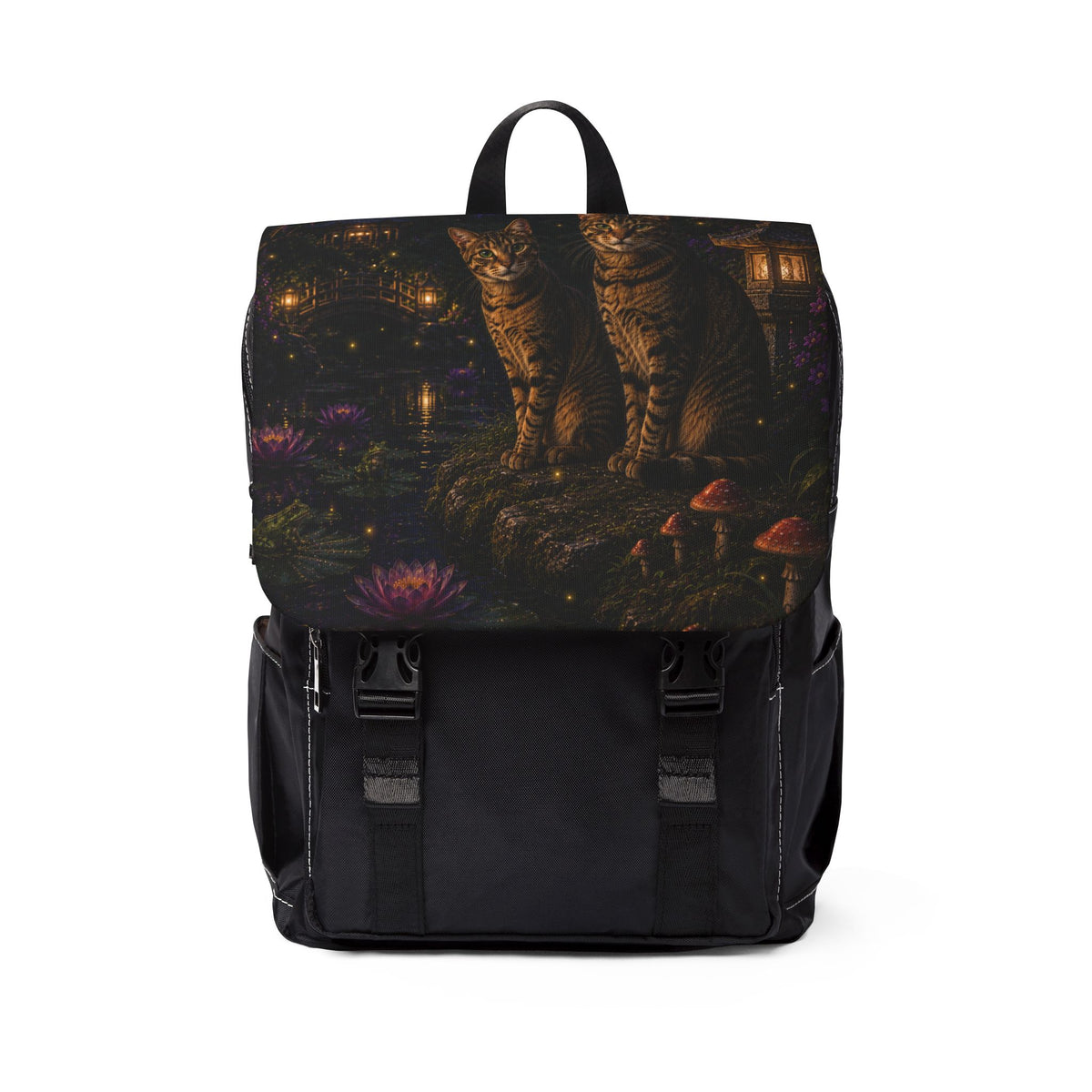 Mystic Cat Night Backpack — Floral Moonlight Shoulder Bag