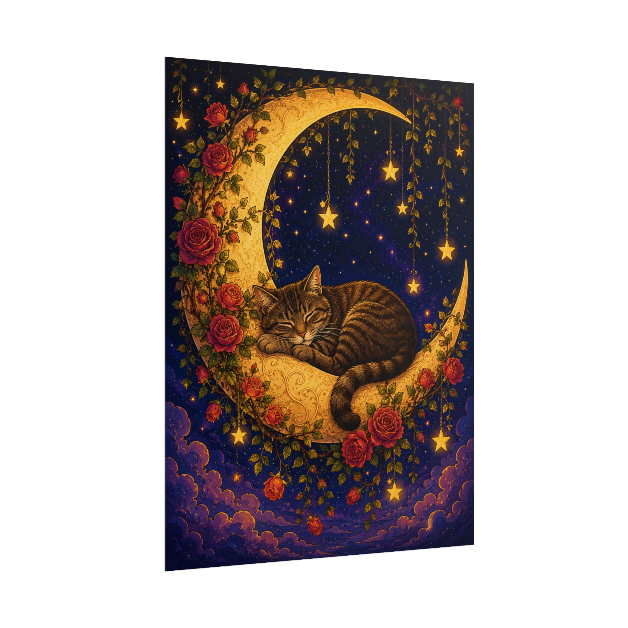 Sleeping Brown Mackerel Tabby Cat on Crescent Moon Poster — Whimsical Night Sky Wall Art