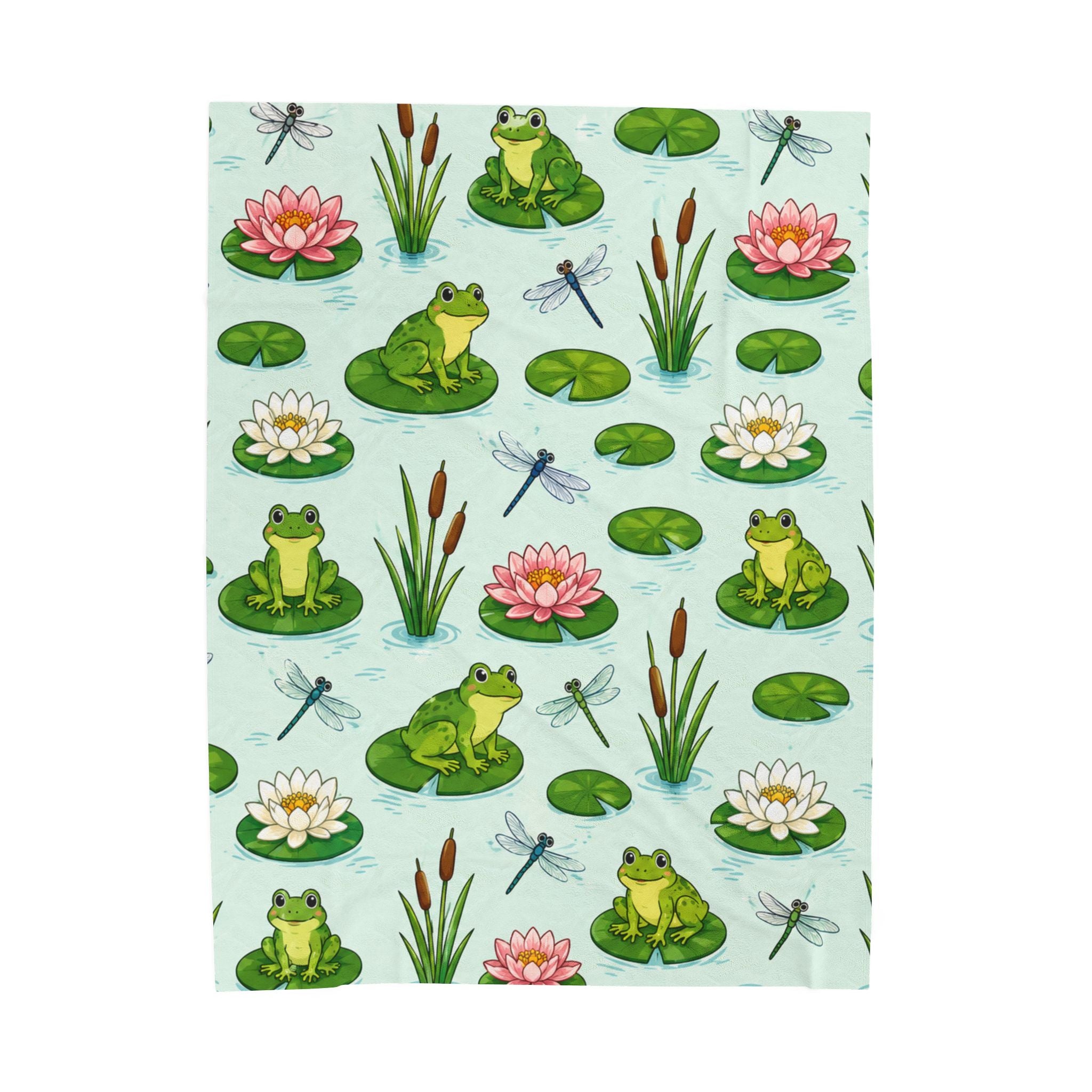Frog Pond Velveteen Plush Blanket — Cute Lily Pad & Dragonfly Throw