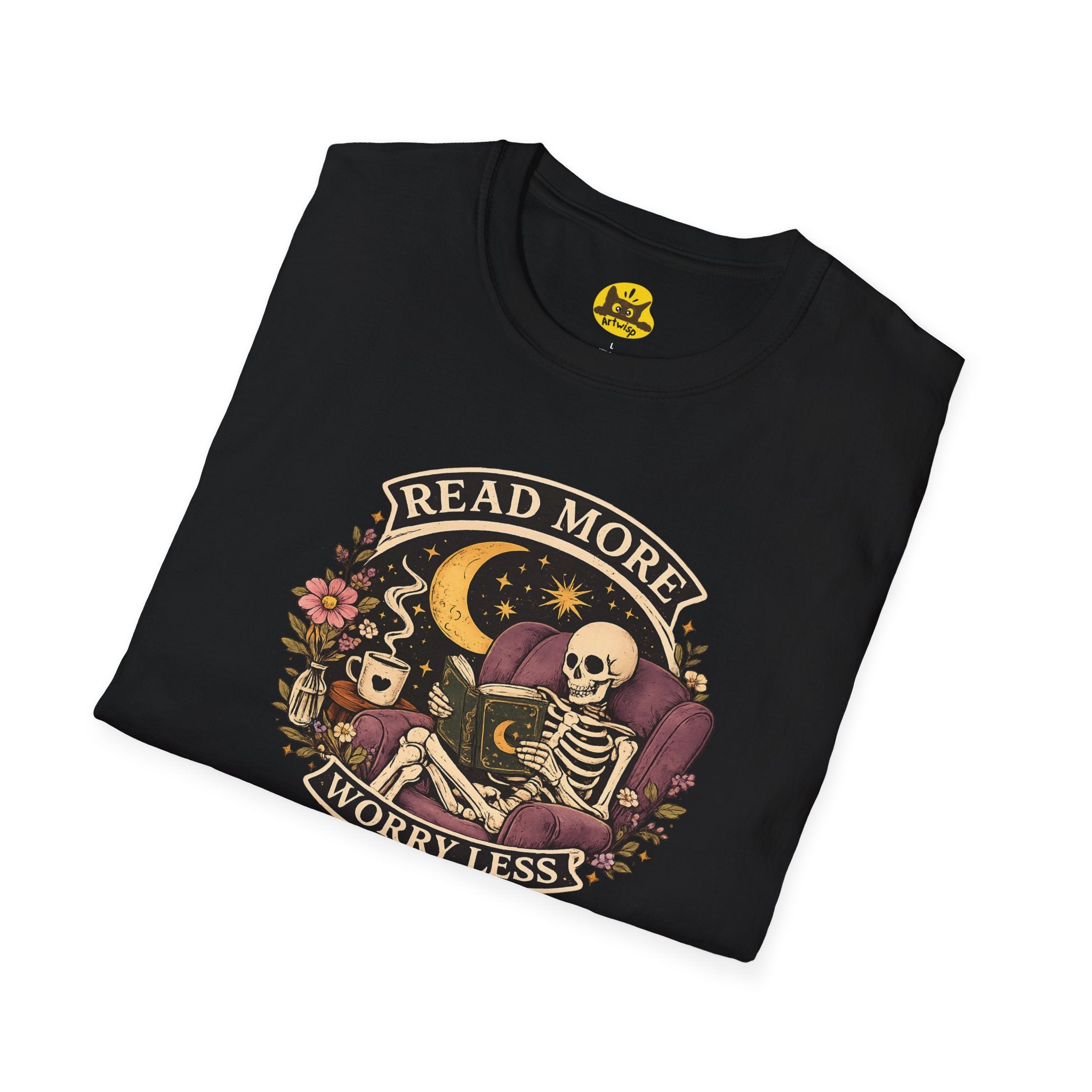 Read More, Worry Less T-Shirt — Skeleton Reading Graphic Tee