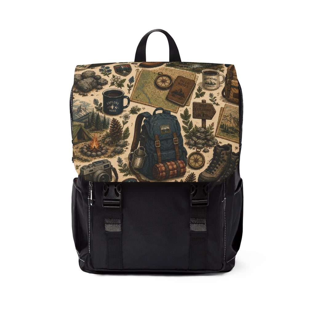 Vintage Camping Adventure Shoulder Backpack — Outdoor Travel Rucksack with Patchwork Gear Print