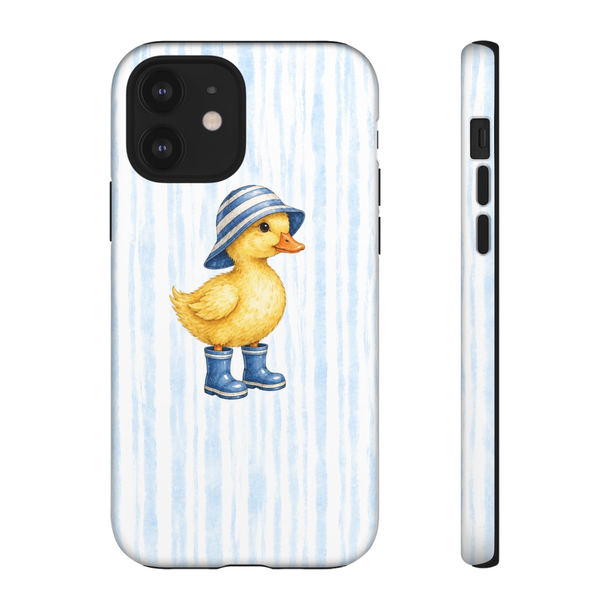 Cute Duckling Phone Case – Baby Blue Stripes with Duck in Hat & Boots