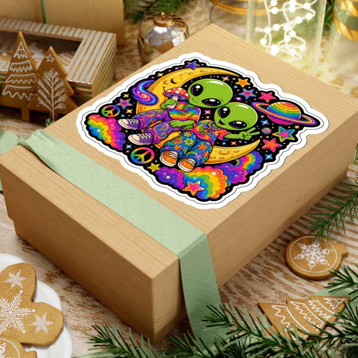 Psychedelic Alien Friends Sticker — Peace Sign, Rainbow Moon Kiss-Cut Sticker