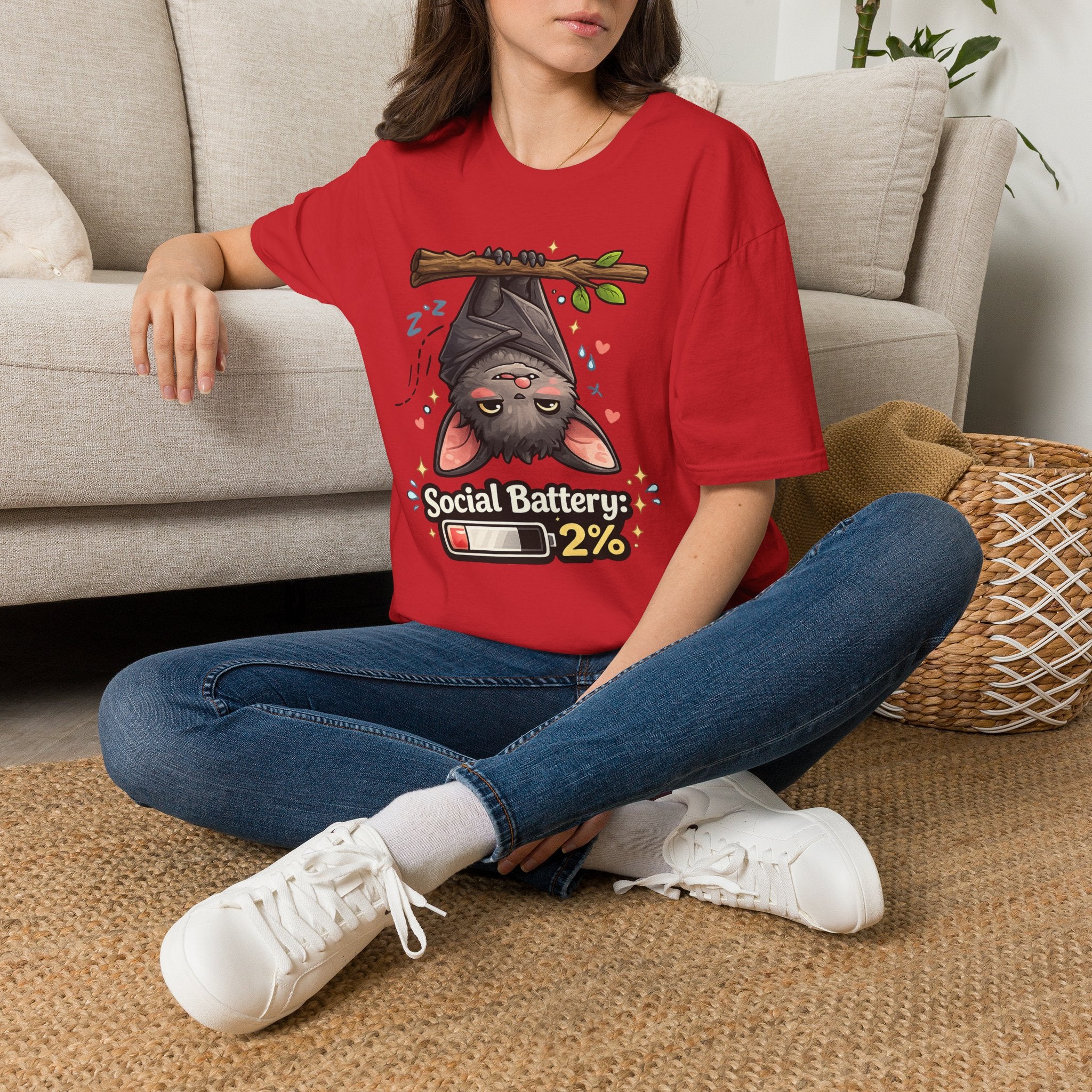 "Social Battery 2%" Cute Sleeping Bat Graphic Tee