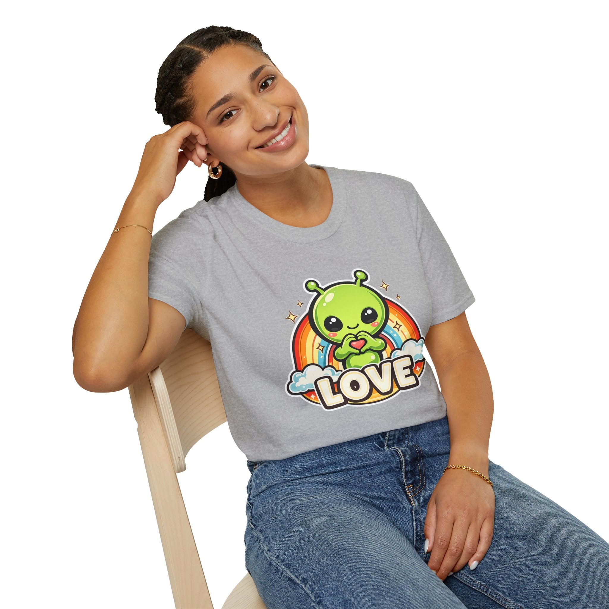 Alien Heart Tee — Green Alien with Rainbow & "LOVE" Graphic