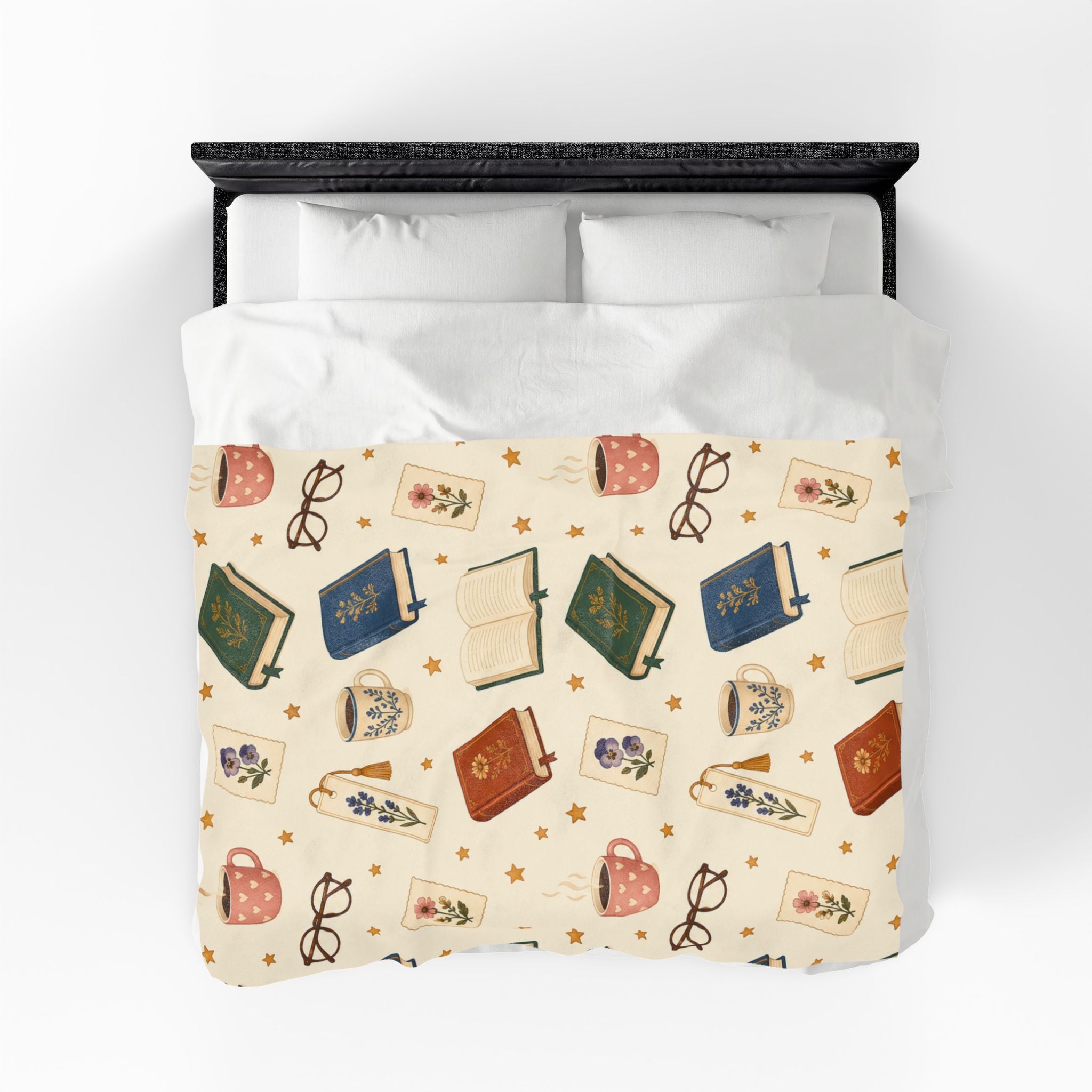 Reading Nook Velveteen Plush Blanket — Cozy Book & Tea Pattern Throw