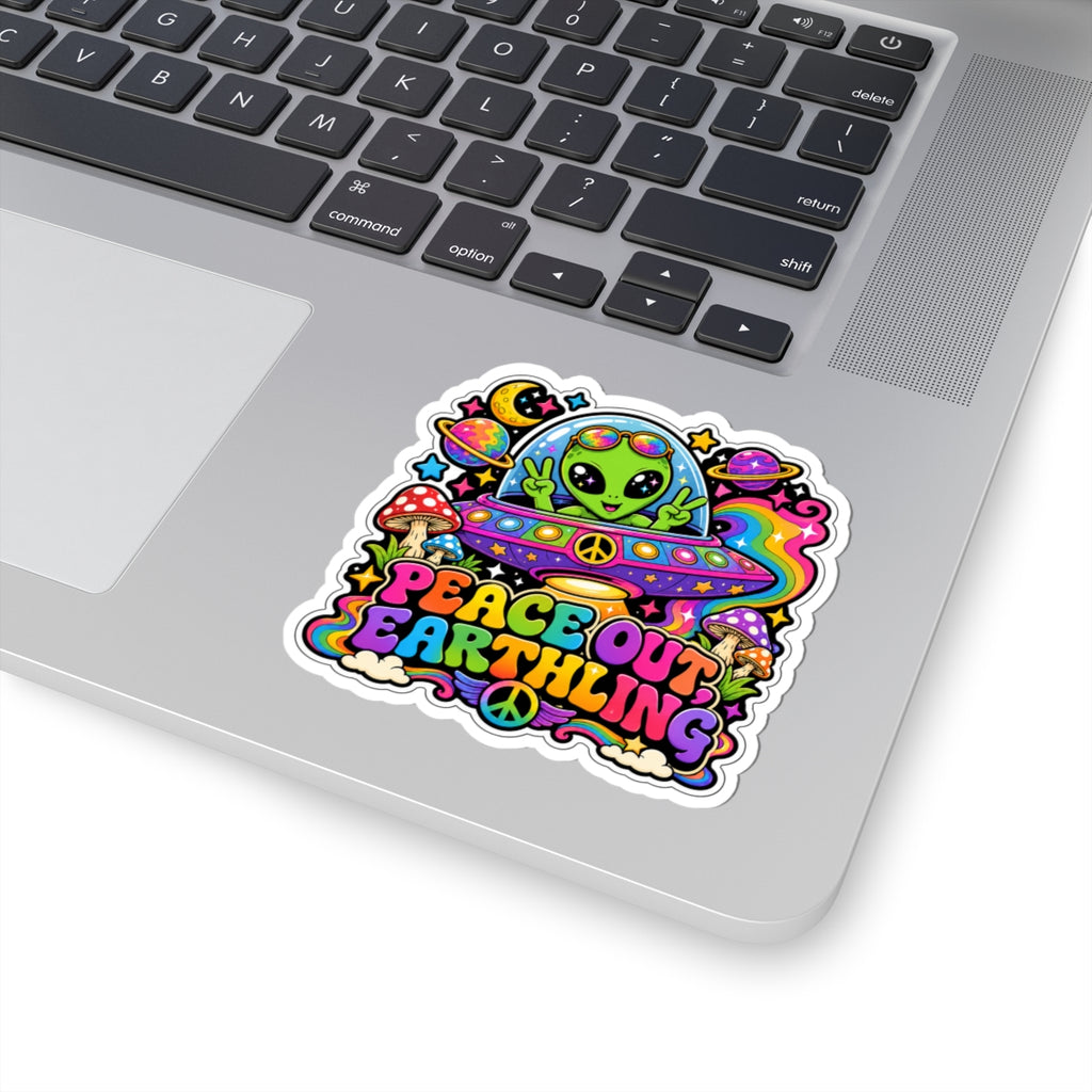 Peace Out Earthling Alien Sticker — Colorful Psychedelic UFO Kiss-Cut Sticker