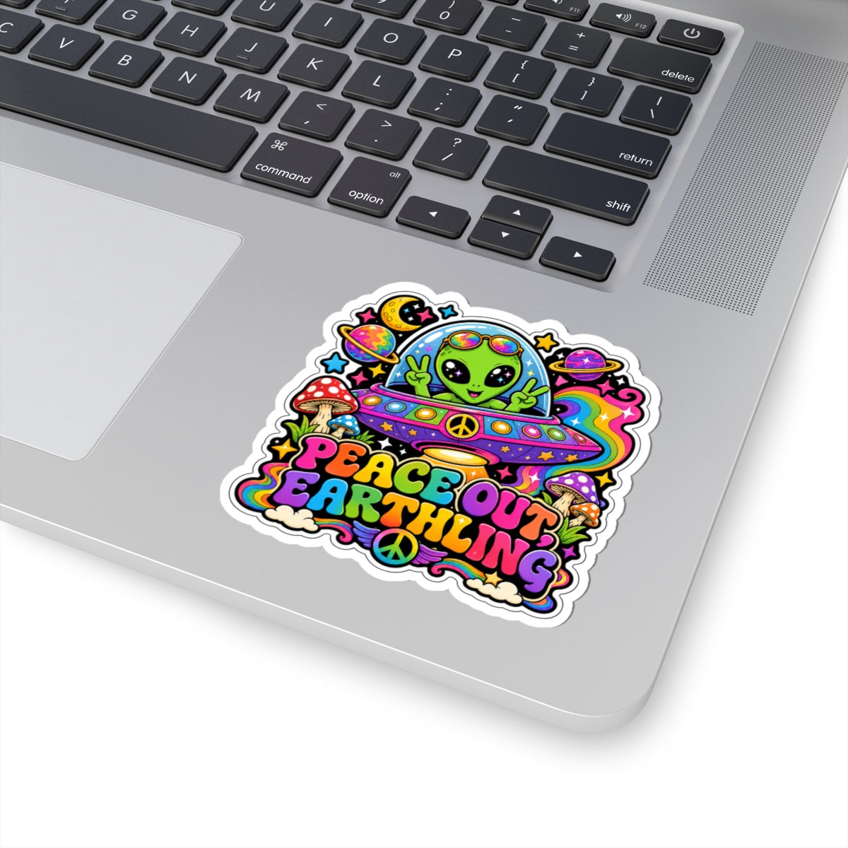 Peace Out Earthling Sticker — Retro Psychedelic Alien Kiss-Cut Vinyl
