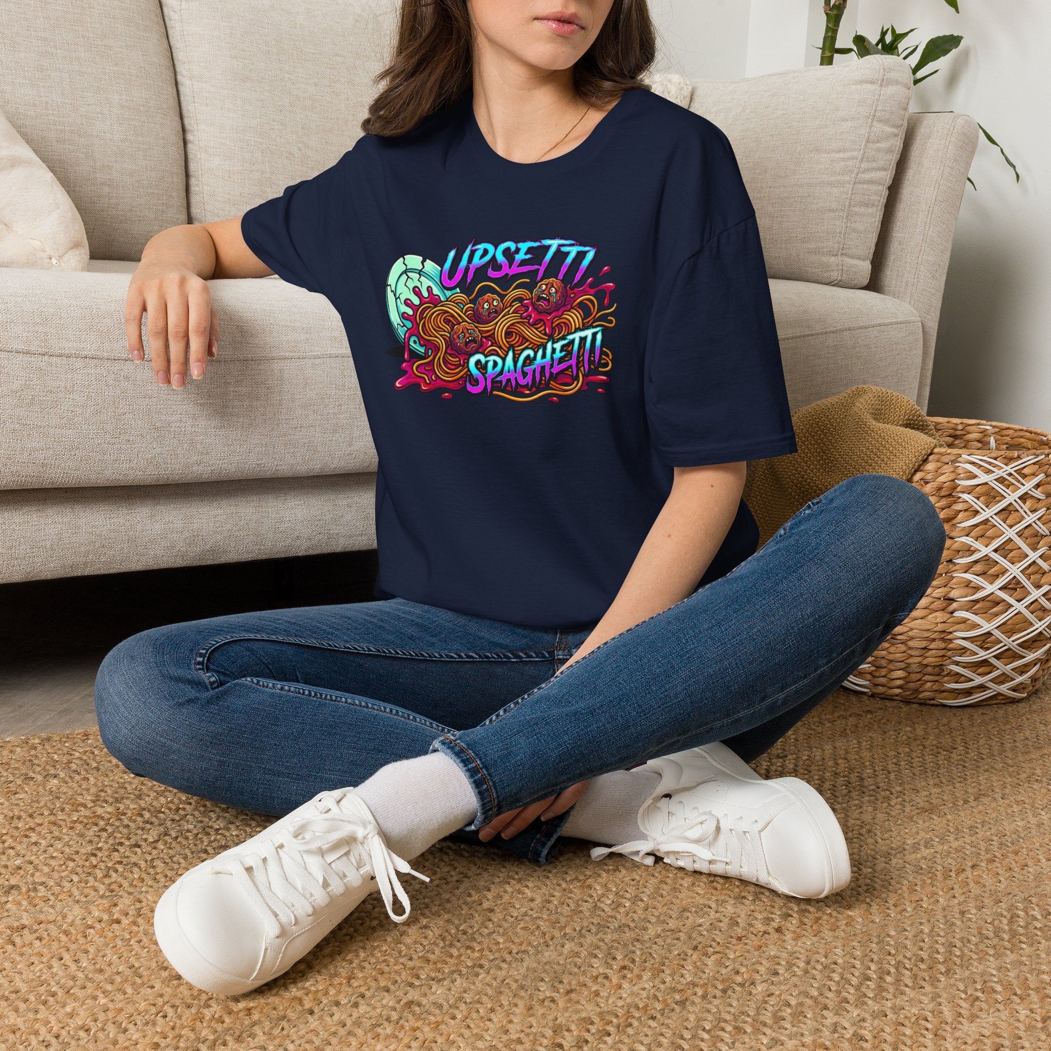 Upsetti Spaghetti T-Shirt — Funny Cartoon Spilled Pasta Graphic Tee