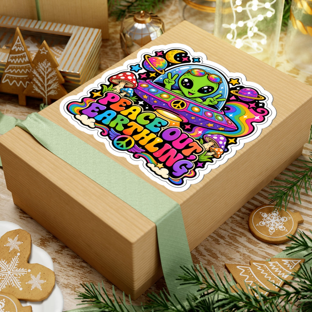 Peace Out Earthling Alien Sticker — Colorful Psychedelic UFO Kiss-Cut Sticker