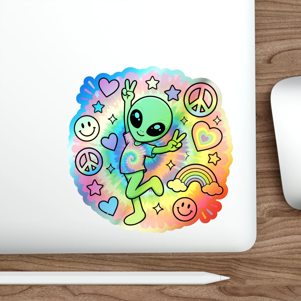 Holographic Alien Peace Sticker — Tie-Dye Vibe Die-Cut Sticker #06