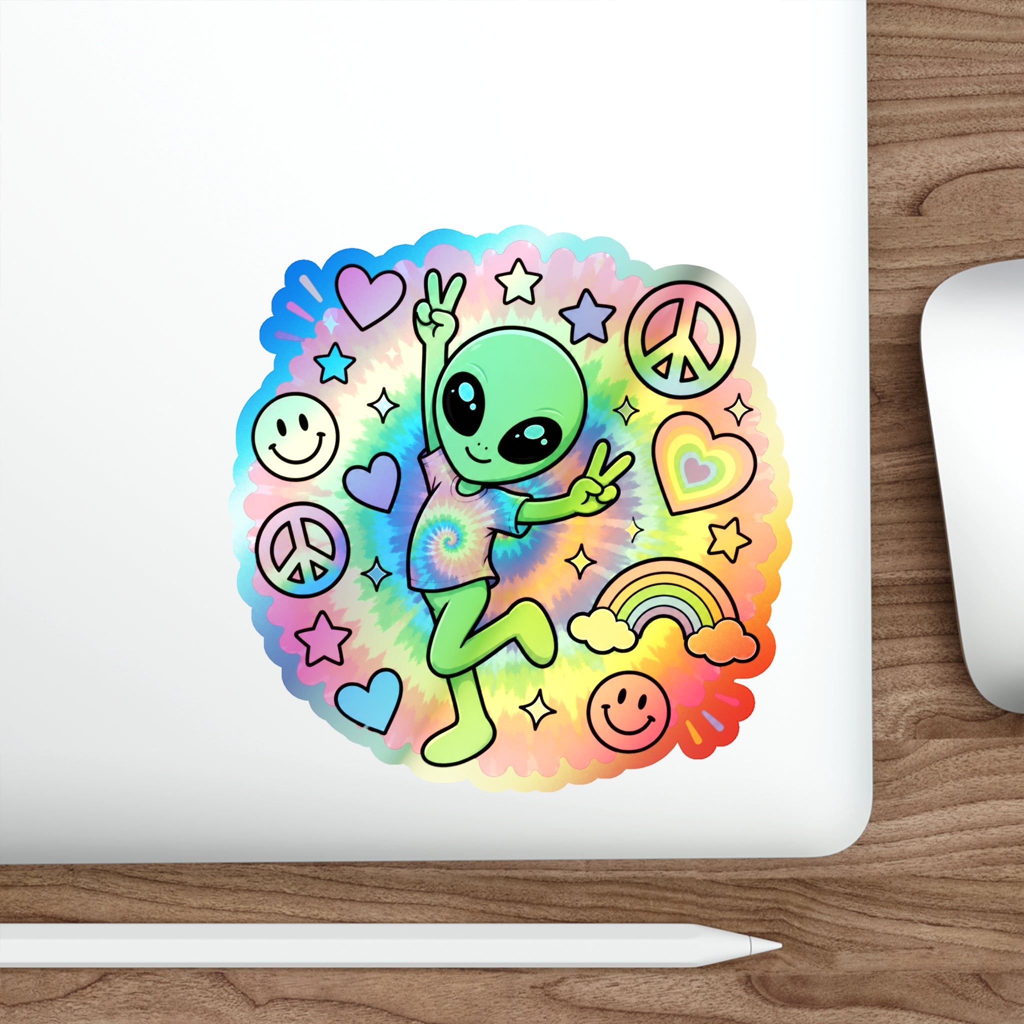 Holographic Alien Peace Sticker — Tie-Dye Vibe Die-Cut Sticker #06