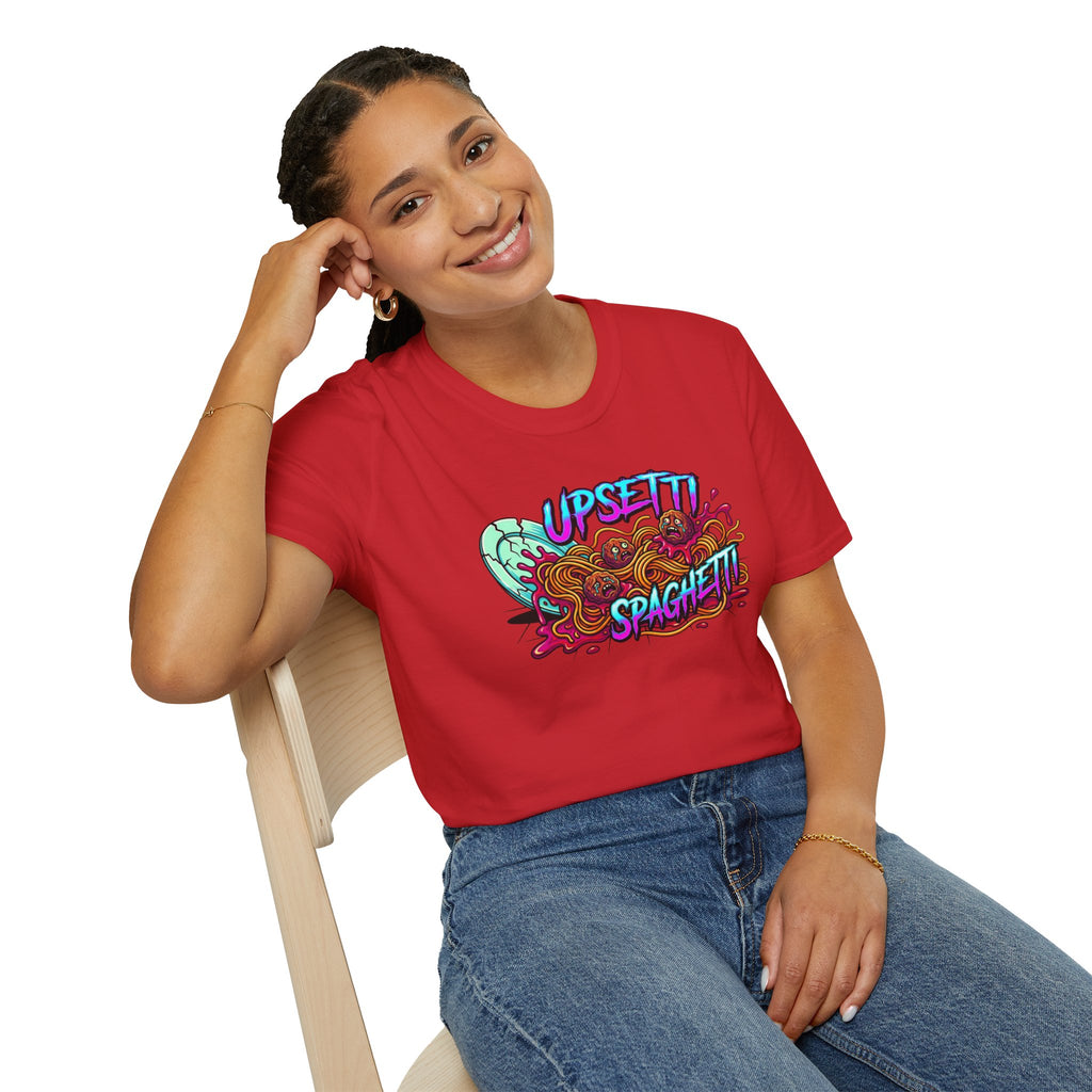 Upsetti Spaghetti T-Shirt — Funny Cartoon Spilled Pasta Graphic Tee