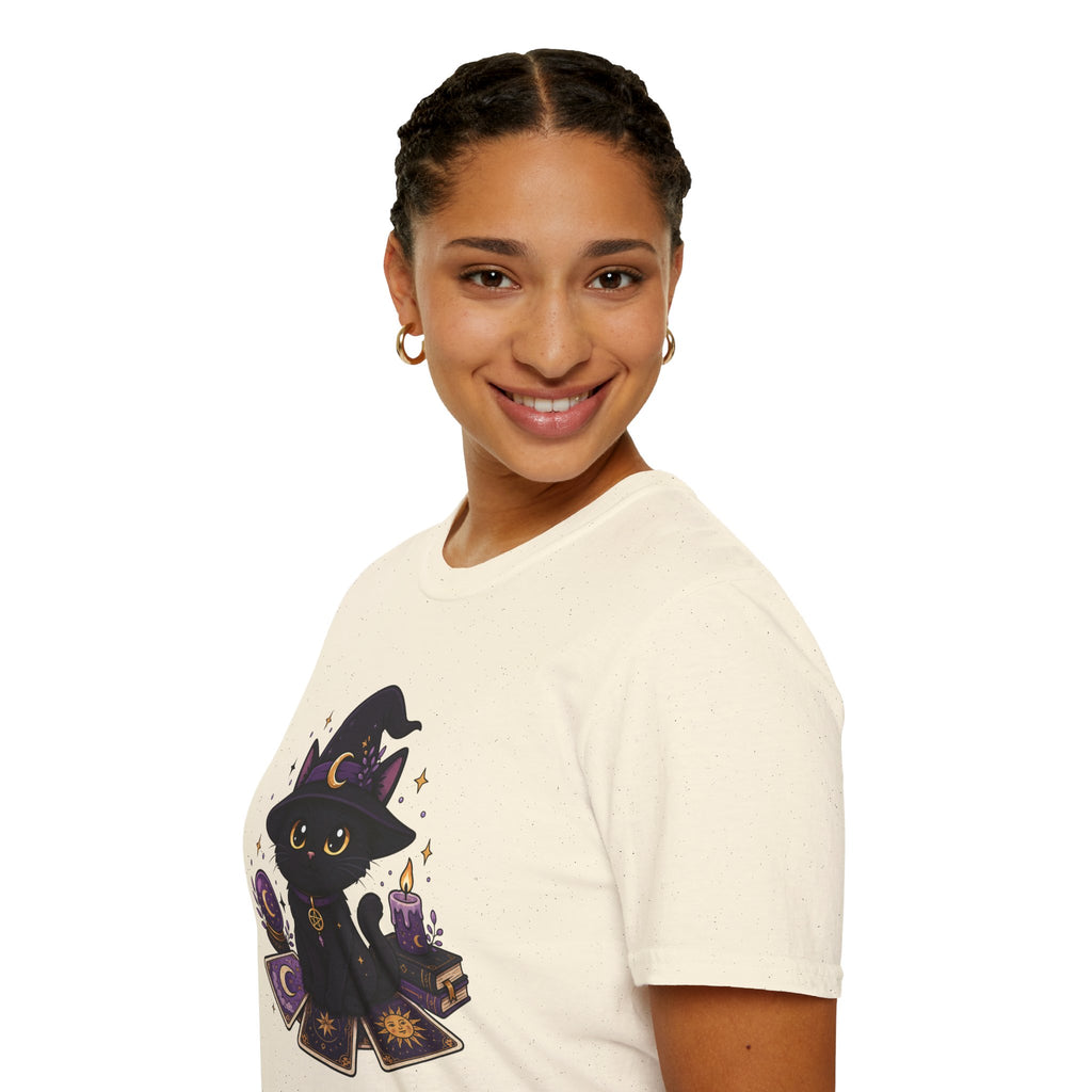 Tarot Cat T-Shirt — Cute Black Cat with Witch Hat & Tarot Candles