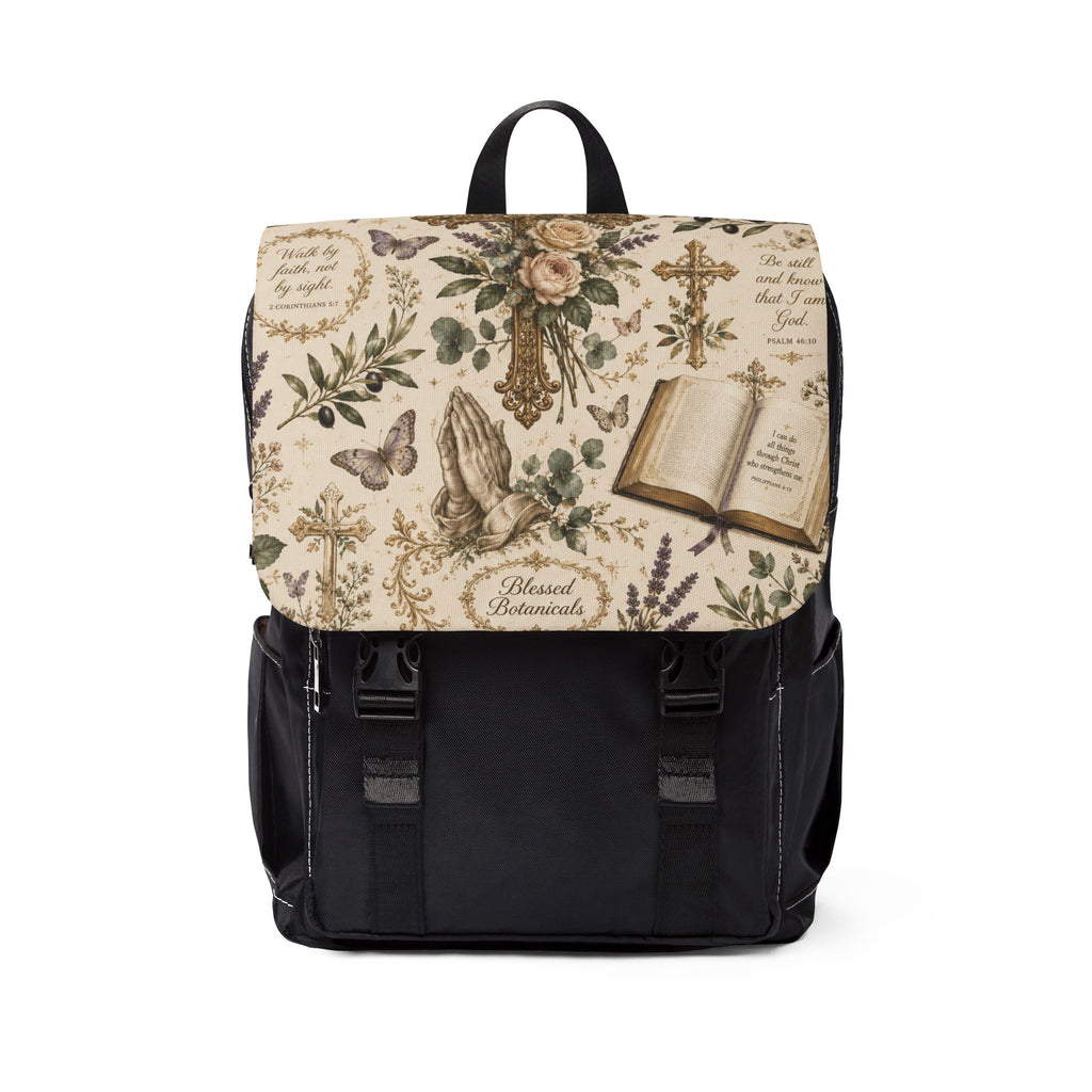 Vintage Prayer Garden Shoulder Backpack — 'Blessed Botanicals' Book & Praying Hands Design