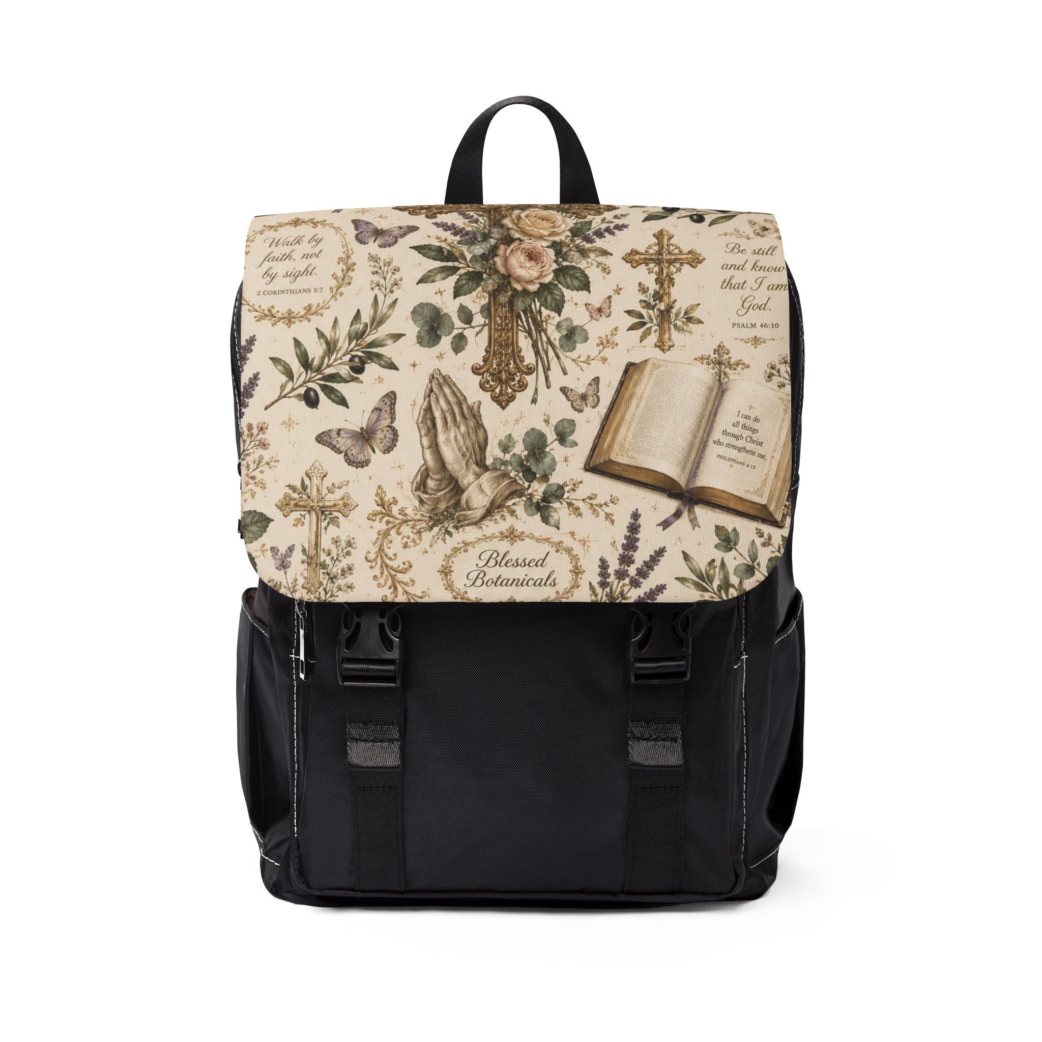 Vintage Prayer Garden Shoulder Backpack — 'Blessed Botanicals' Book & Praying Hands Design