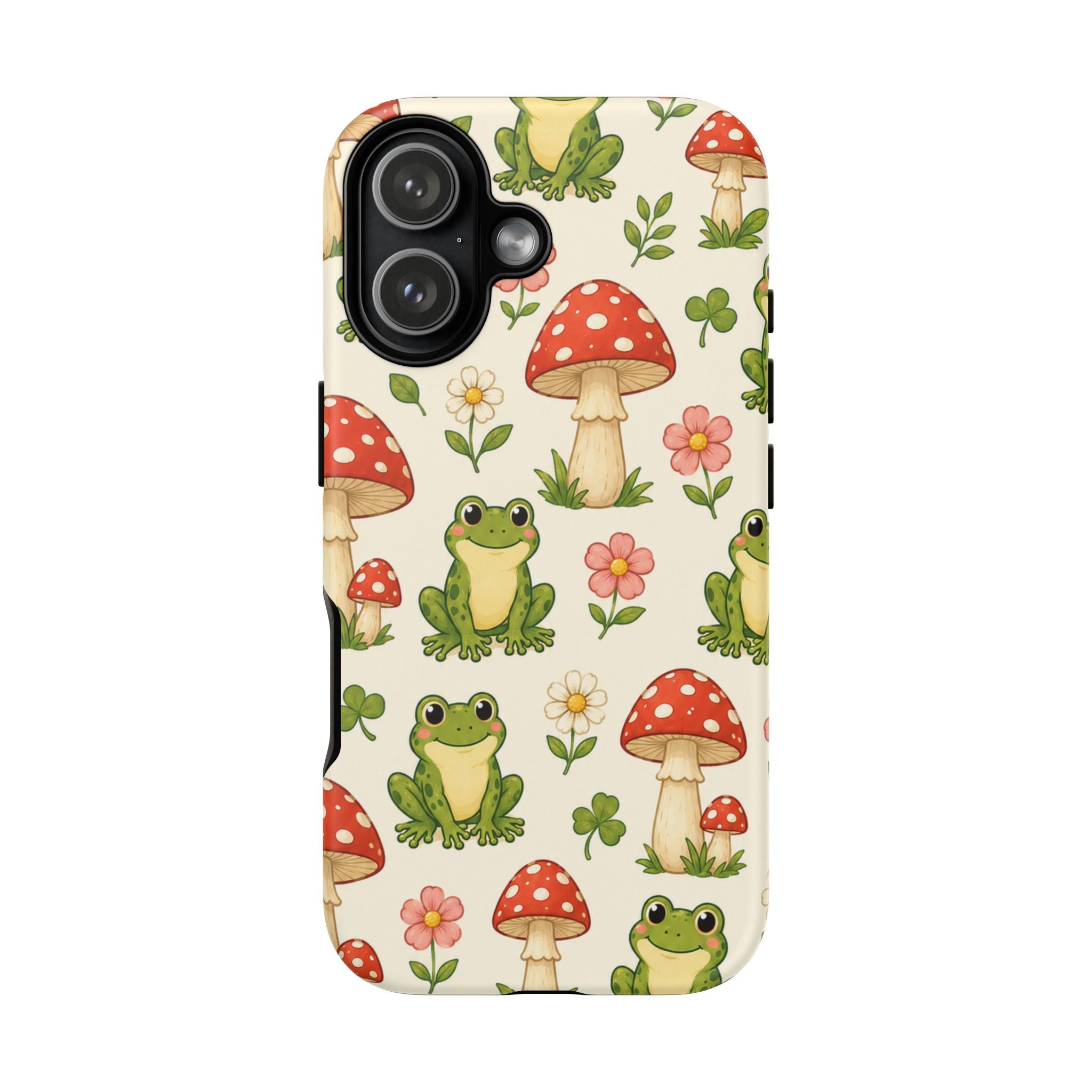 Kawaii Frog & Red Capped Mushroom Phone Case – Cute Nature Pattern Protective Cover