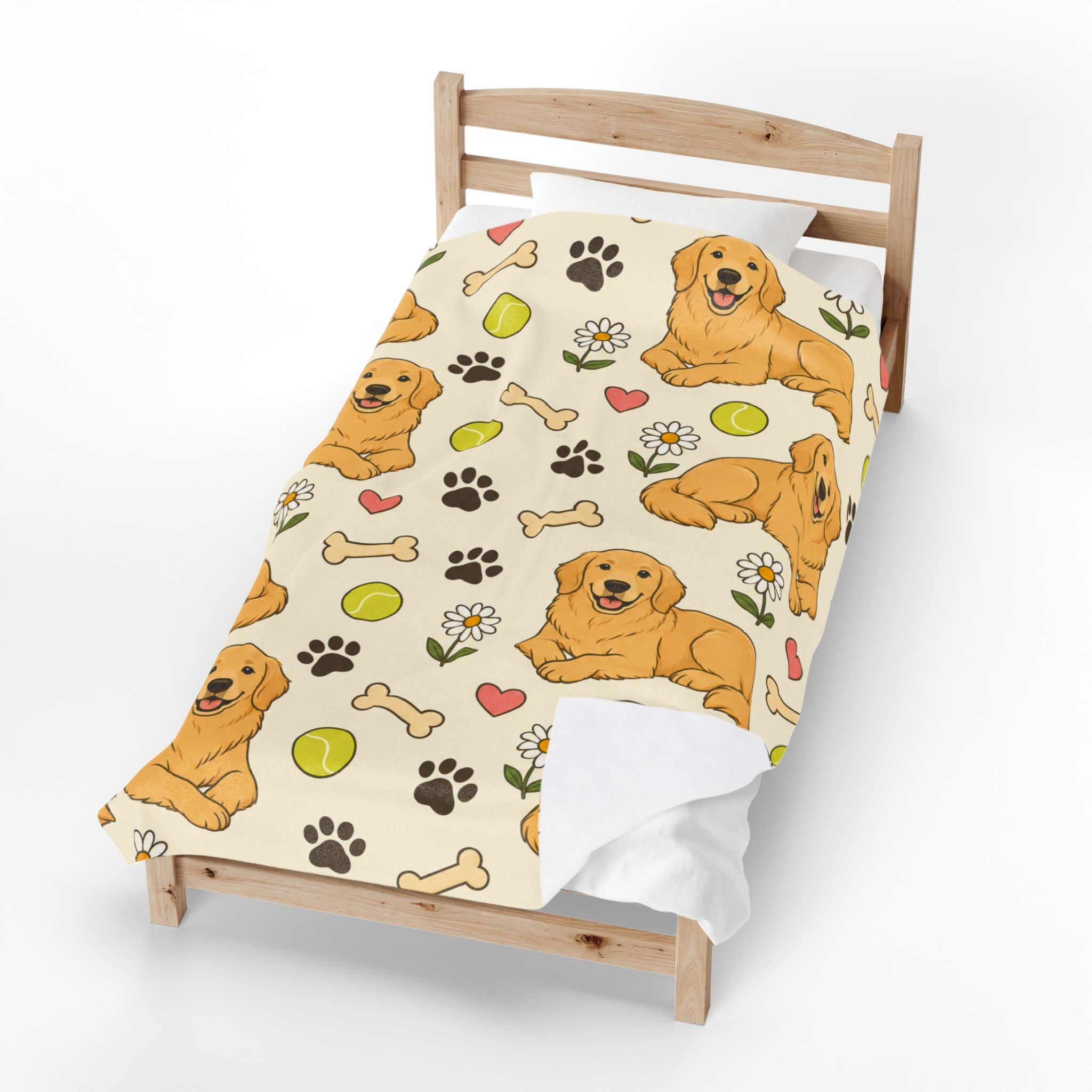Golden Retriever Pattern Velveteen Plush Blanket — Cute Dog, Paw & Toy Design
