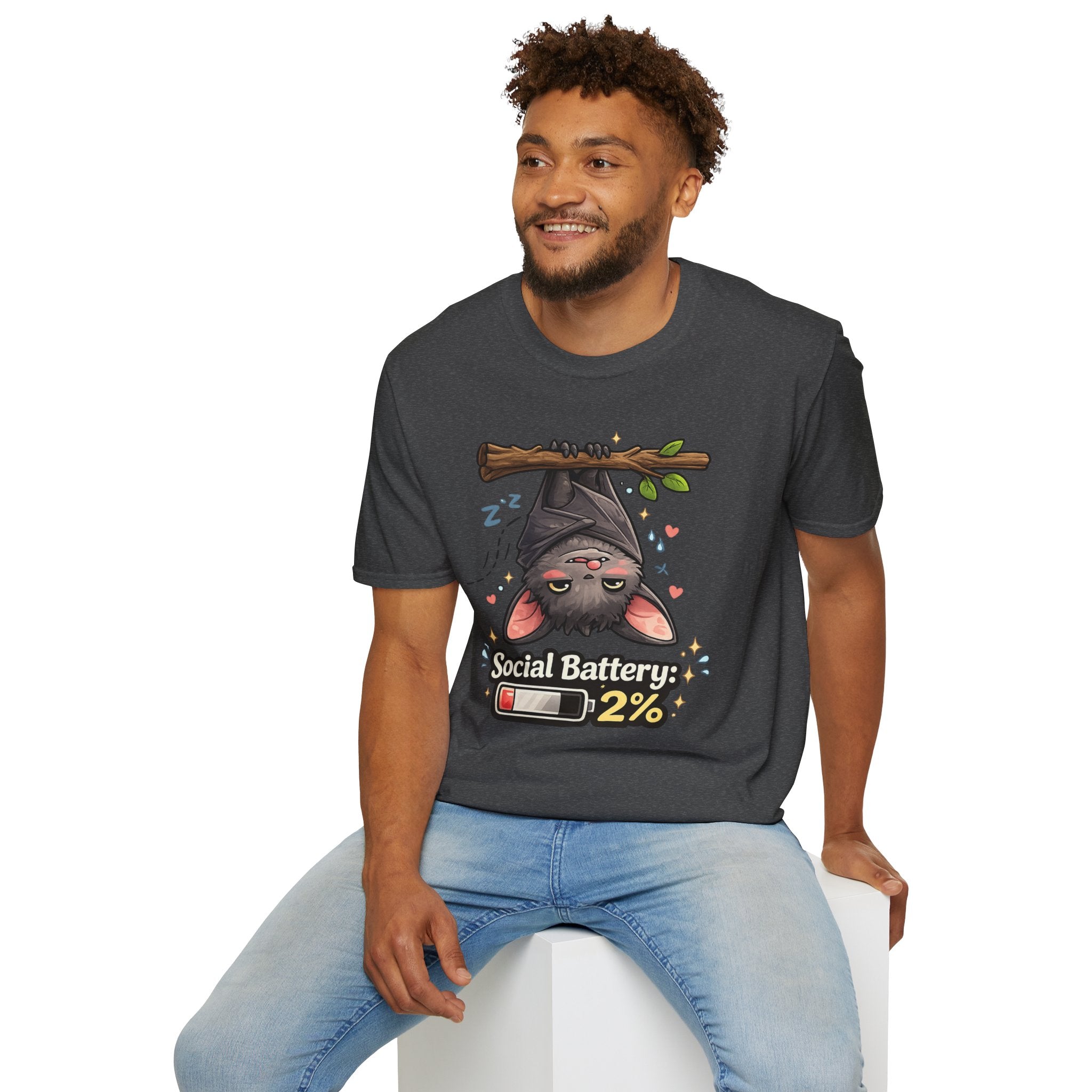"Social Battery 2%" Cute Sleeping Bat Graphic Tee