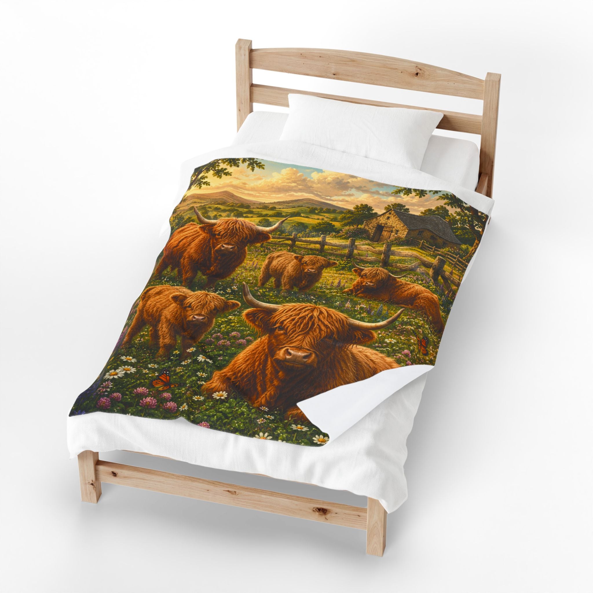 Highland Cattle Velveteen Plush Blanket — Cozy Farmhouse Throw with Highland Cow Family Design