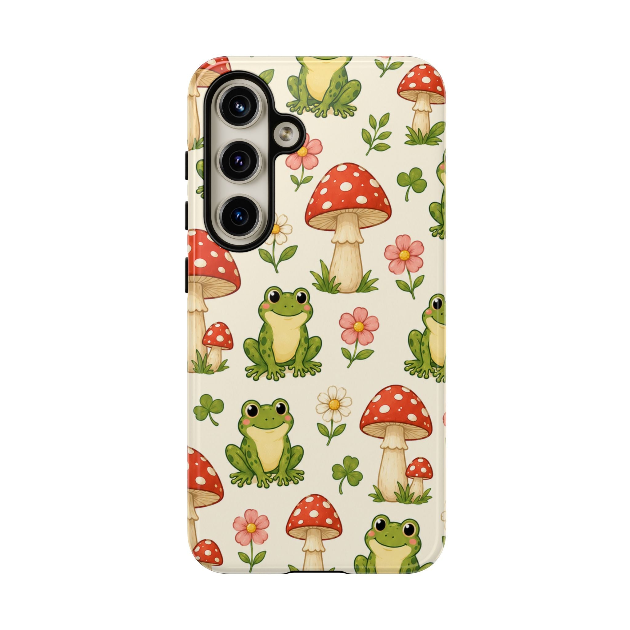 Kawaii Frog & Red Capped Mushroom Phone Case – Cute Nature Pattern Protective Cover