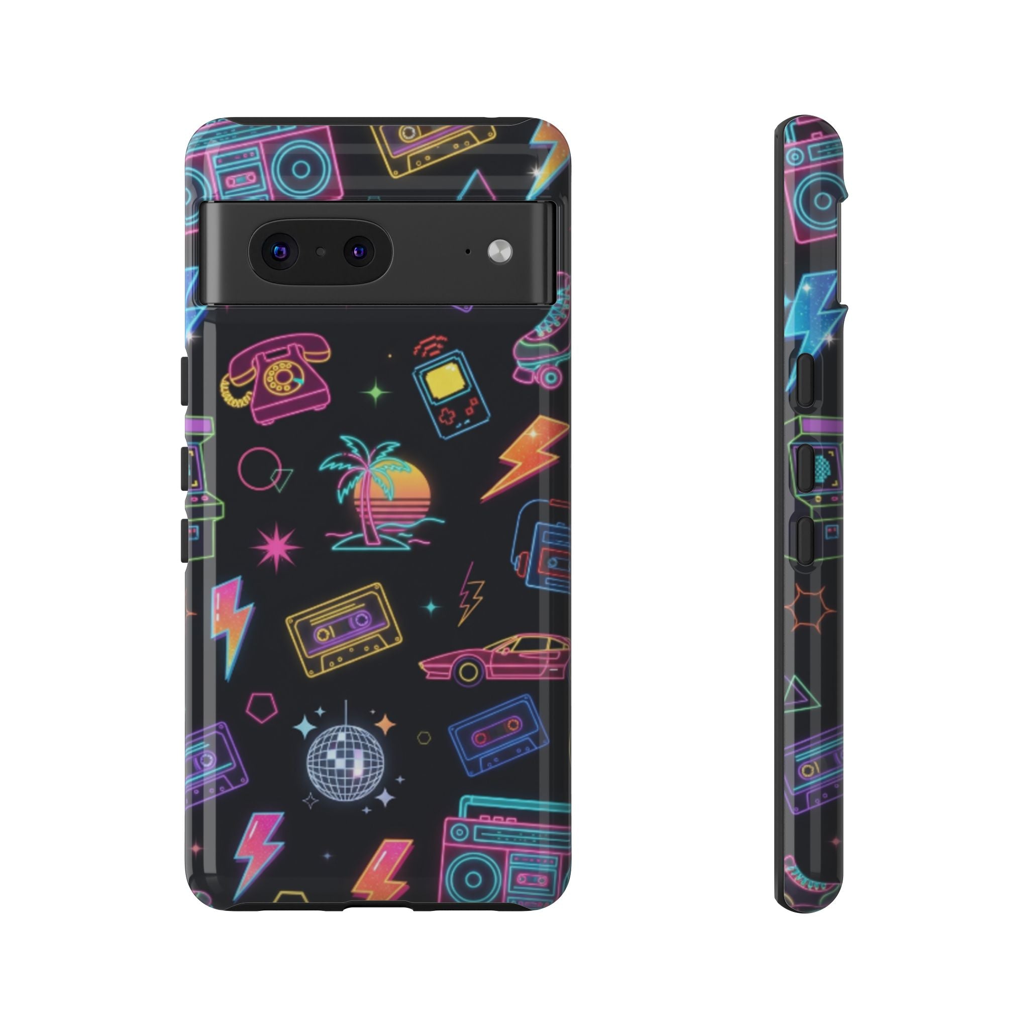Retro Neon 80s Phone Case — Cassette, Roller Skate & Palm Tree Pattern