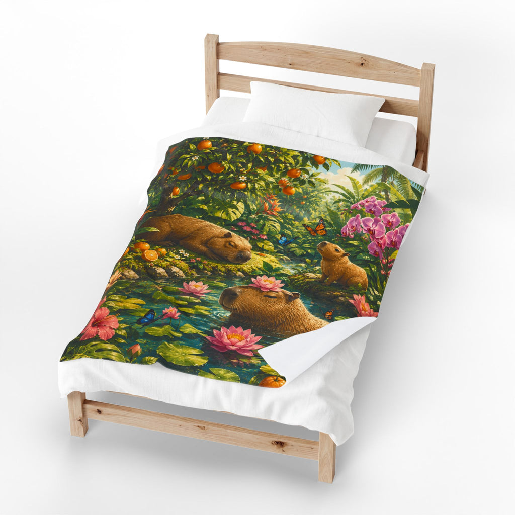 Capybara Garden Velveteen Plush Blanket — Tropical Floral Cozy Throw