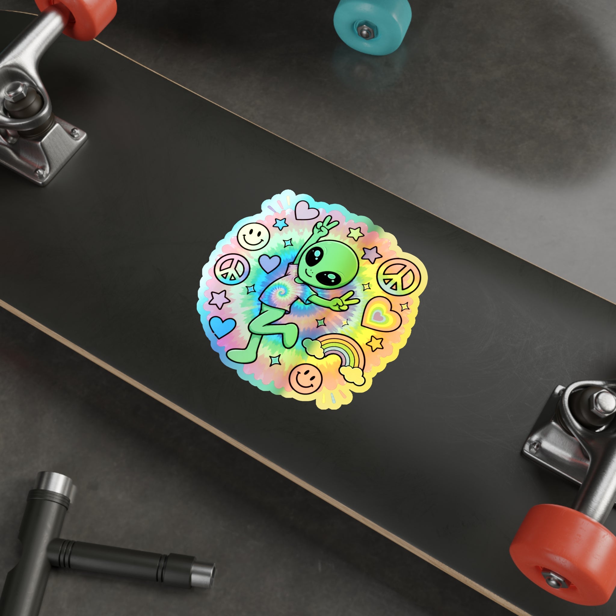 Holographic Alien Peace Sticker — Tie-Dye Vibe Die-Cut Sticker #06