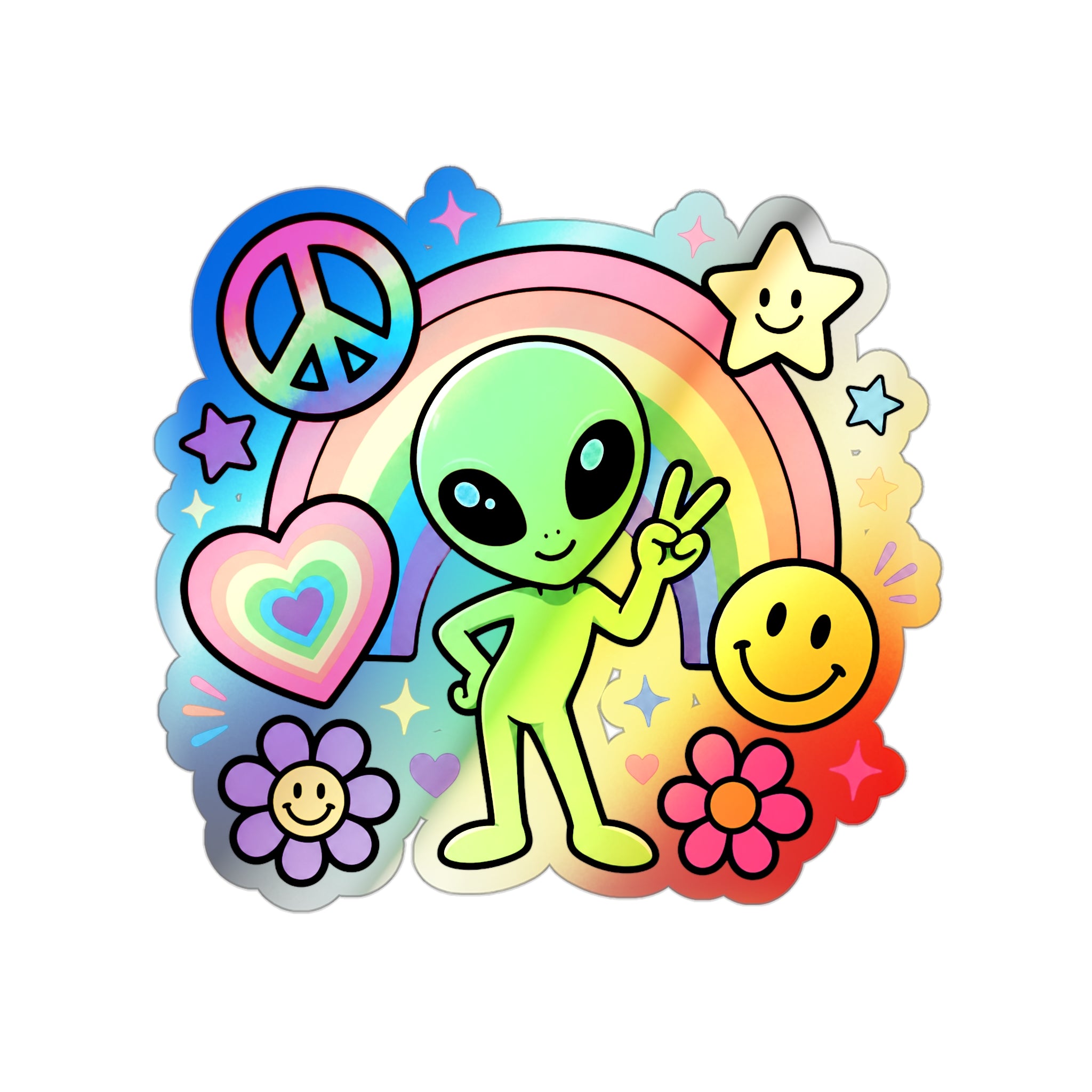 Holographic Alien Peace Sticker — Rainbow Psychedelic Die-Cut Sticker #03