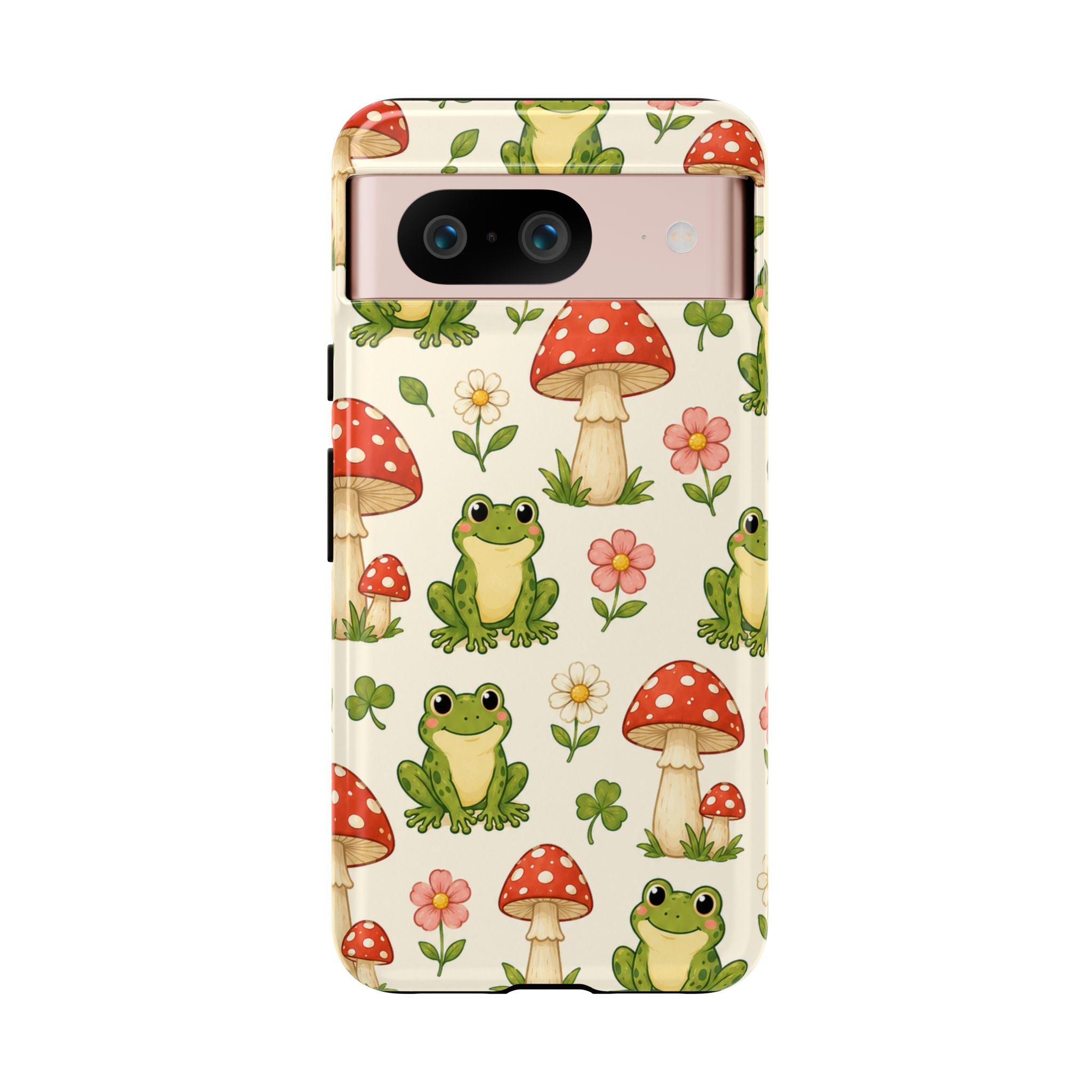 Kawaii Frog & Red Capped Mushroom Phone Case – Cute Nature Pattern Protective Cover
