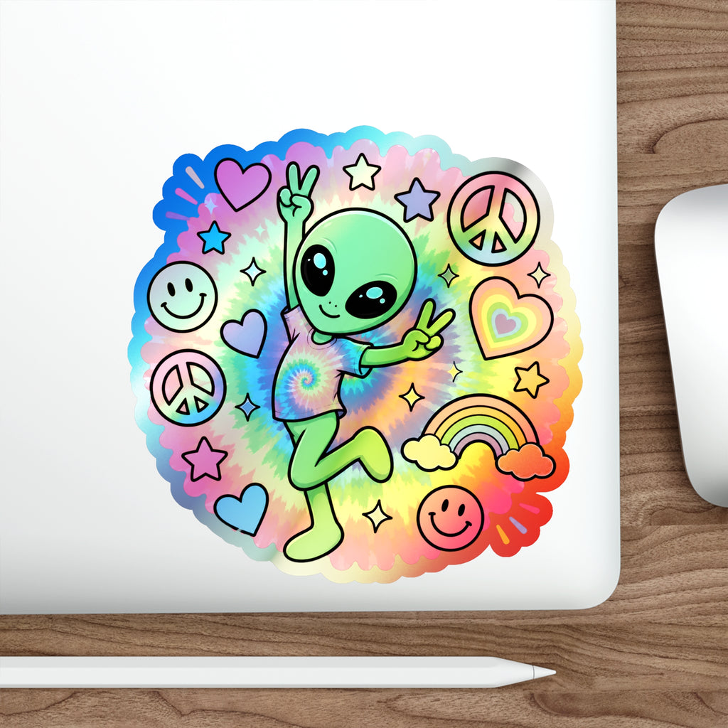 Holographic Alien Peace Sticker — Tie-Dye Vibe Die-Cut Sticker #06