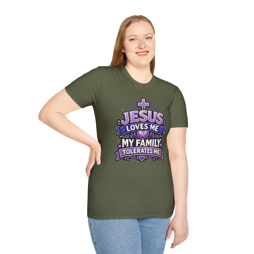 Jesus Loves Me T-Shirt — "Jesus Loves Me, My Family Tolerates Me" Funny Christian Gift Graphic Tee
