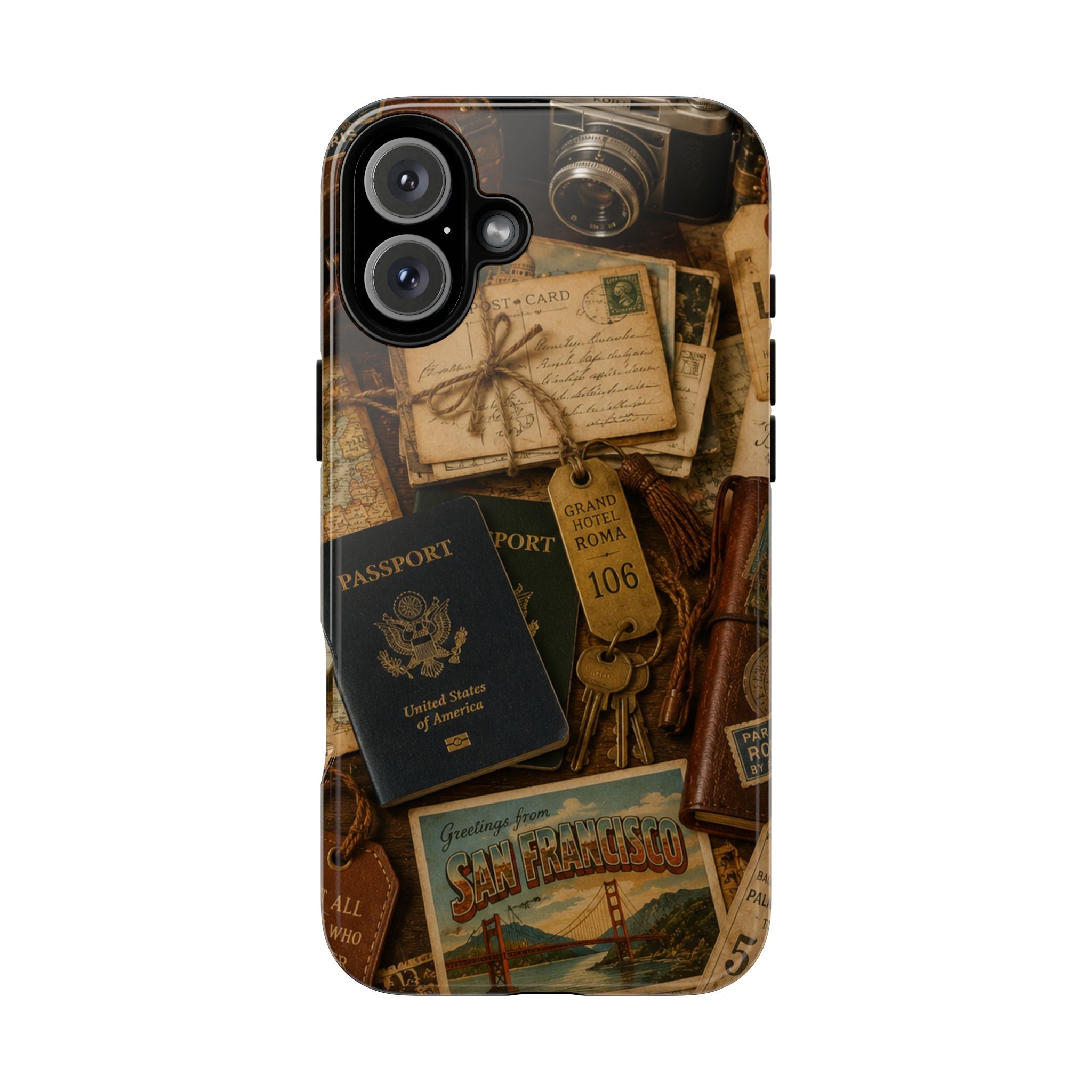 Vintage Travel Phone Case – Passport & Postcard Collage