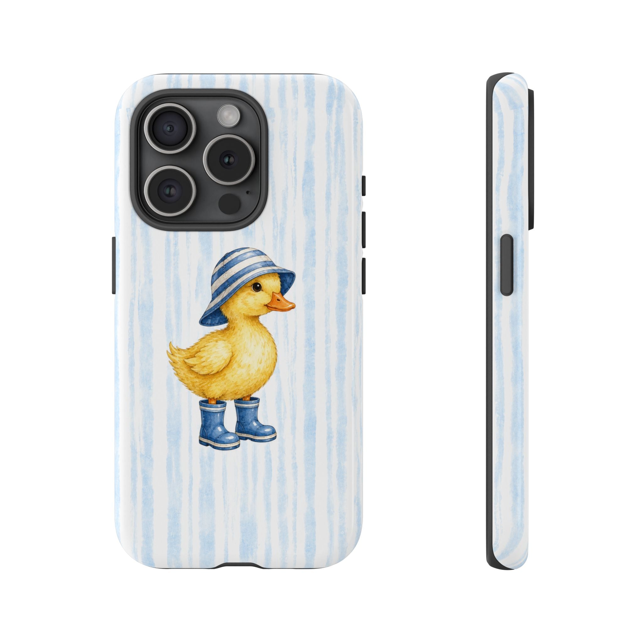Cute Duckling Phone Case – Baby Blue Stripes with Duck in Hat & Boots