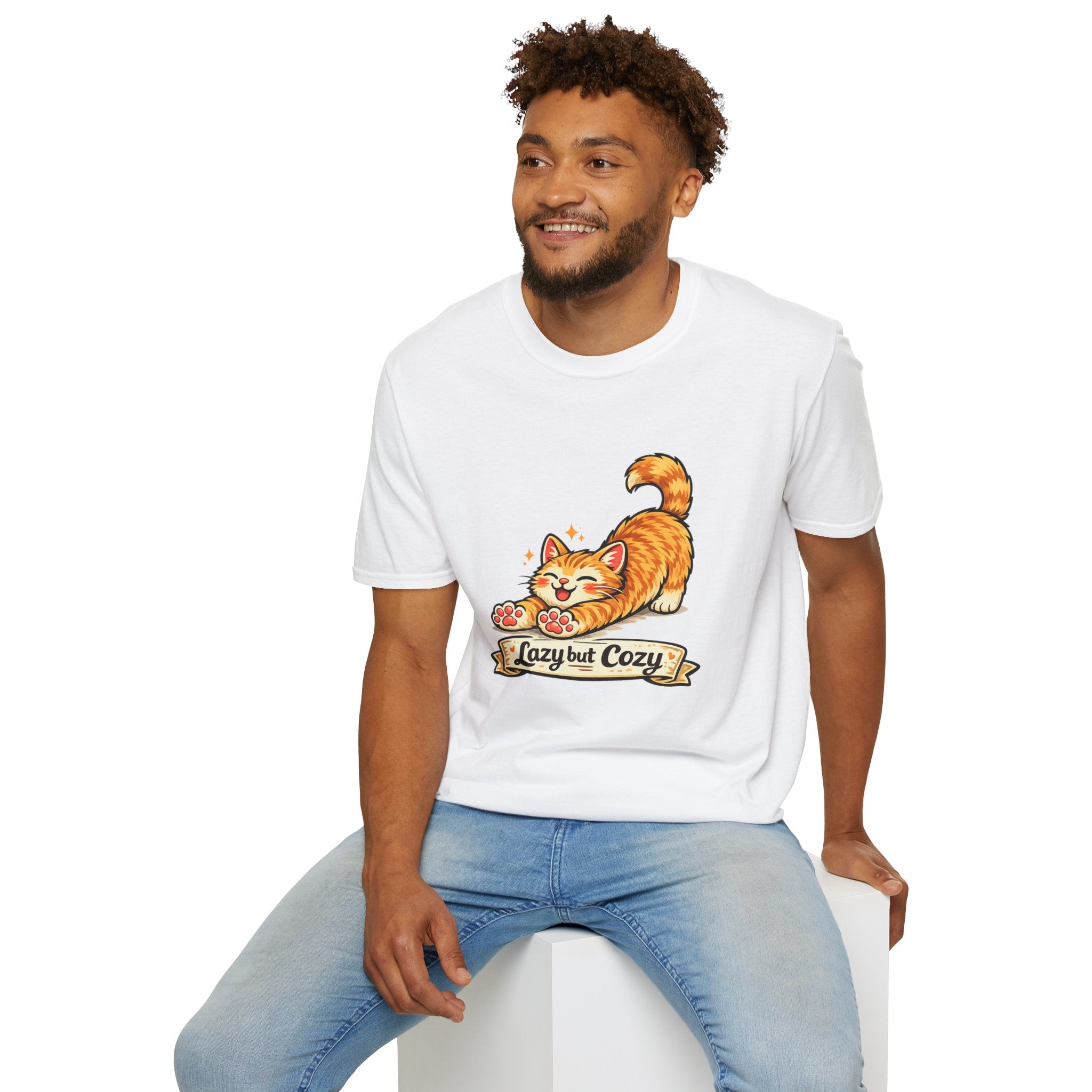 Cozy Cat T-Shirt — Cute Stretching Orange Kitten "Lazy but Cozy" Shirt
